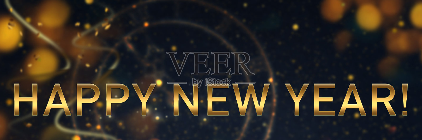 金色和深蓝色背景与散景和新年文本文本，复制空间。照片摄影图片