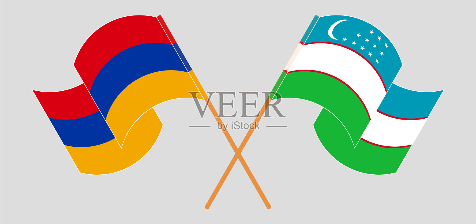 亚美尼亚和乌兹别克斯坦国旗交叉飘扬插画图片素材