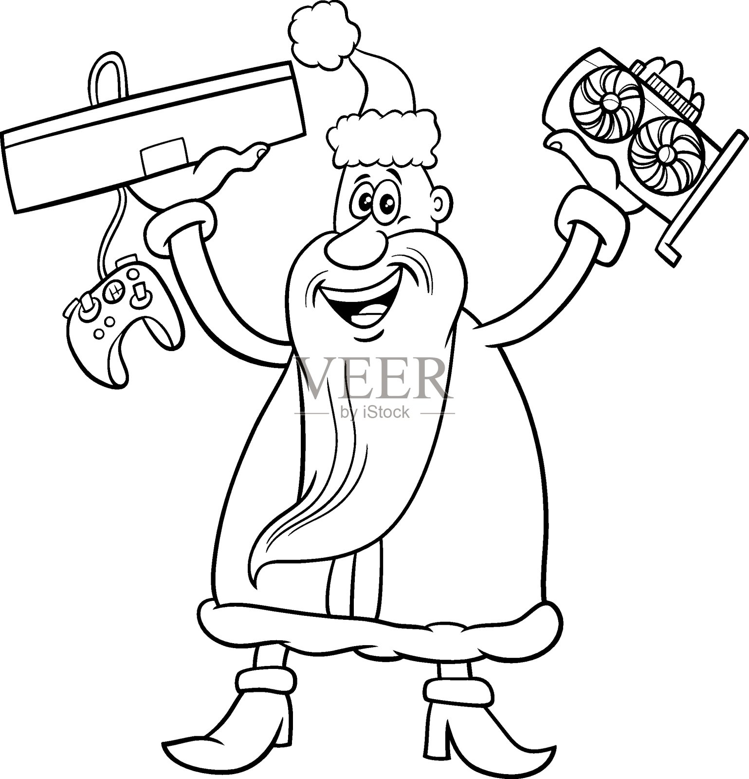 圣诞老人与图形卡和游戏机着色书页设计元素图片