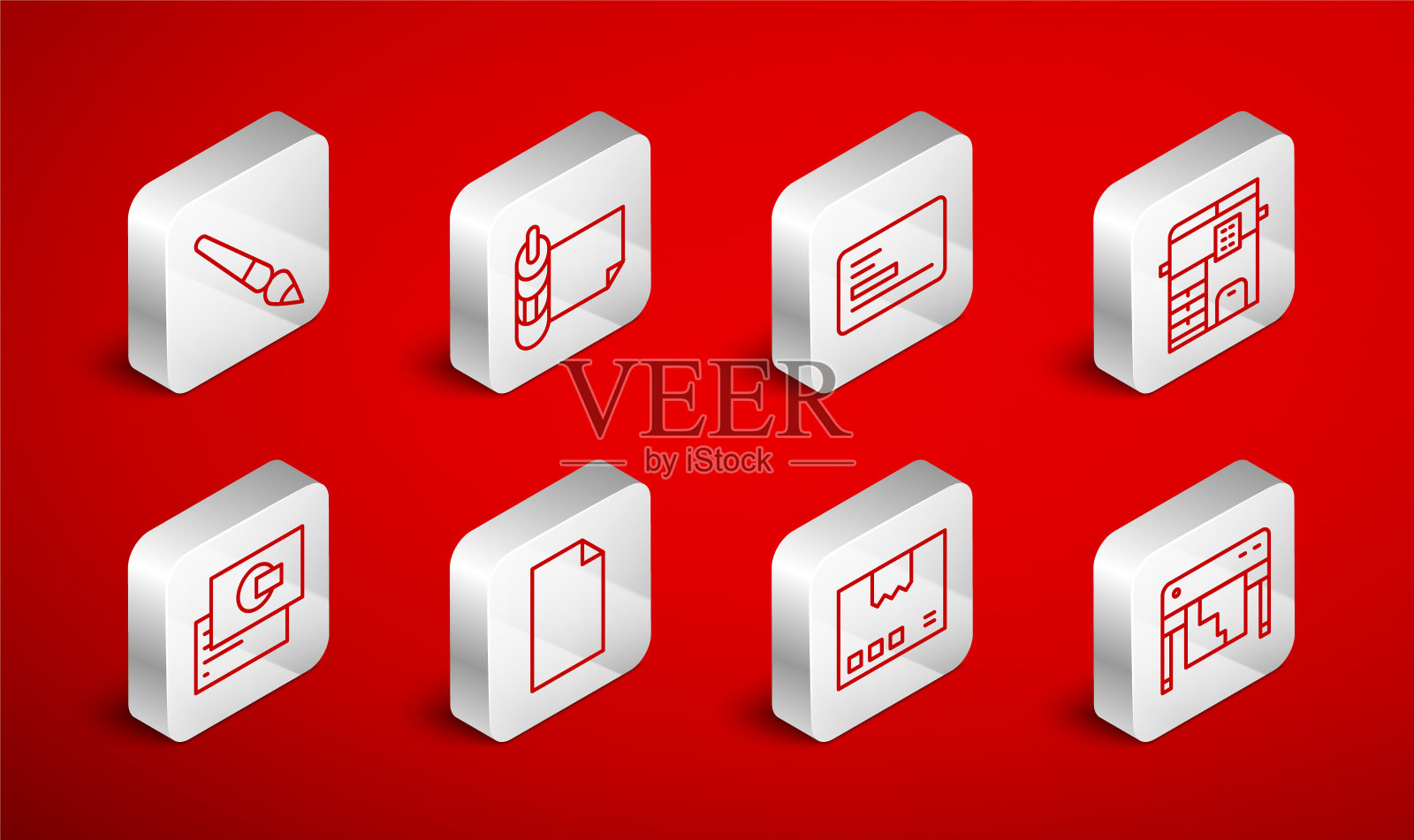 集线图绘图仪，纸卷，名片，复印机，纸箱纸箱，油漆刷，空文件和图标。向量图标素材