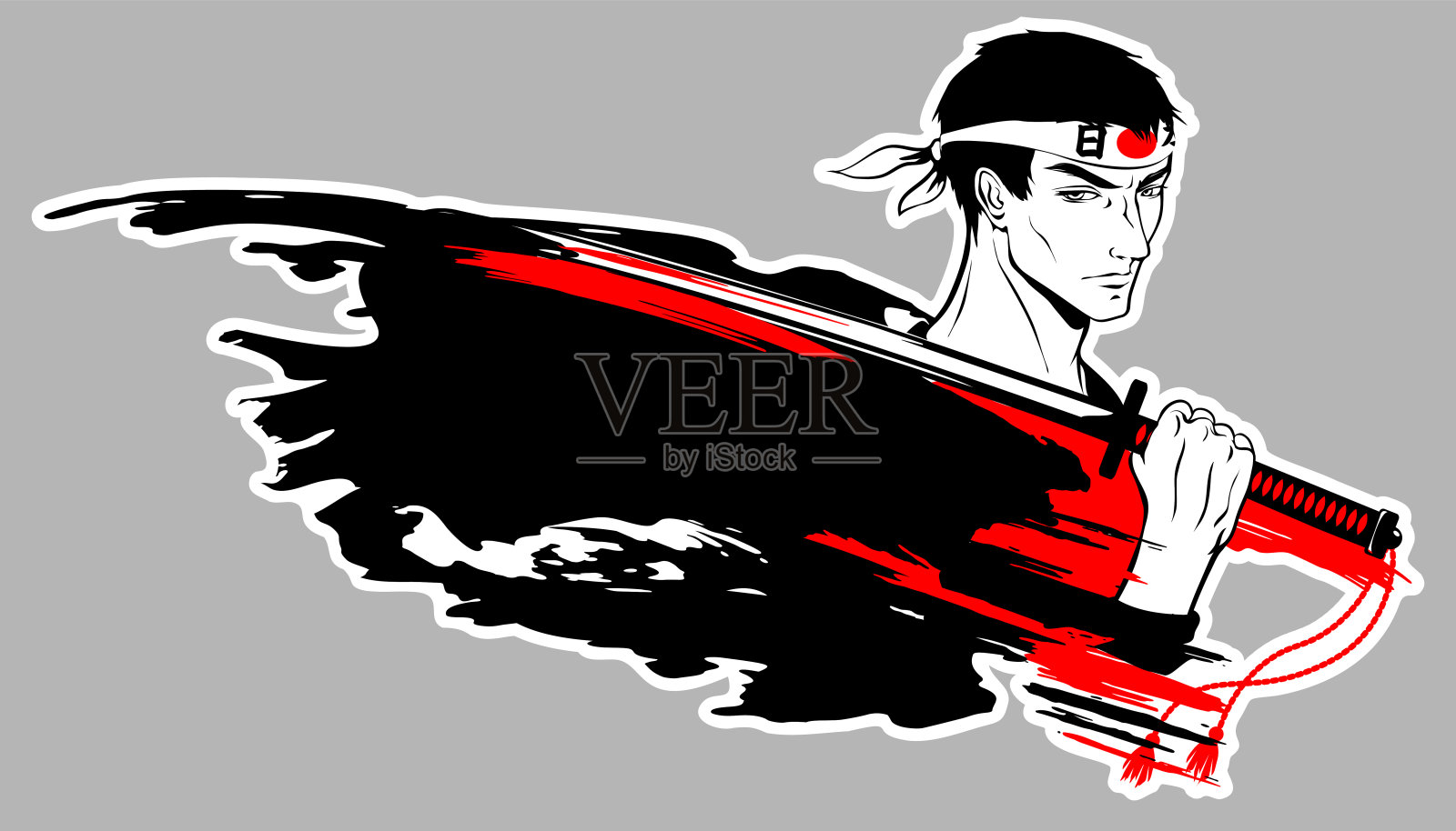 武士，武士肩上扛着一把武士刀。插画图片素材