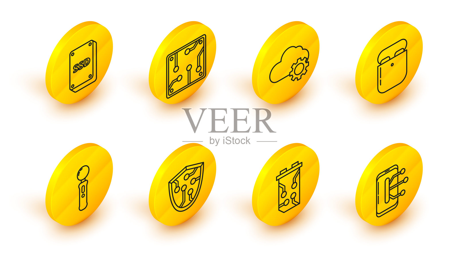 设置线智能手机，手机，视频显卡，网络安全，手柄，空气耳机盒，云技术数据传输和存储，处理器和SSD图标。向量图标素材