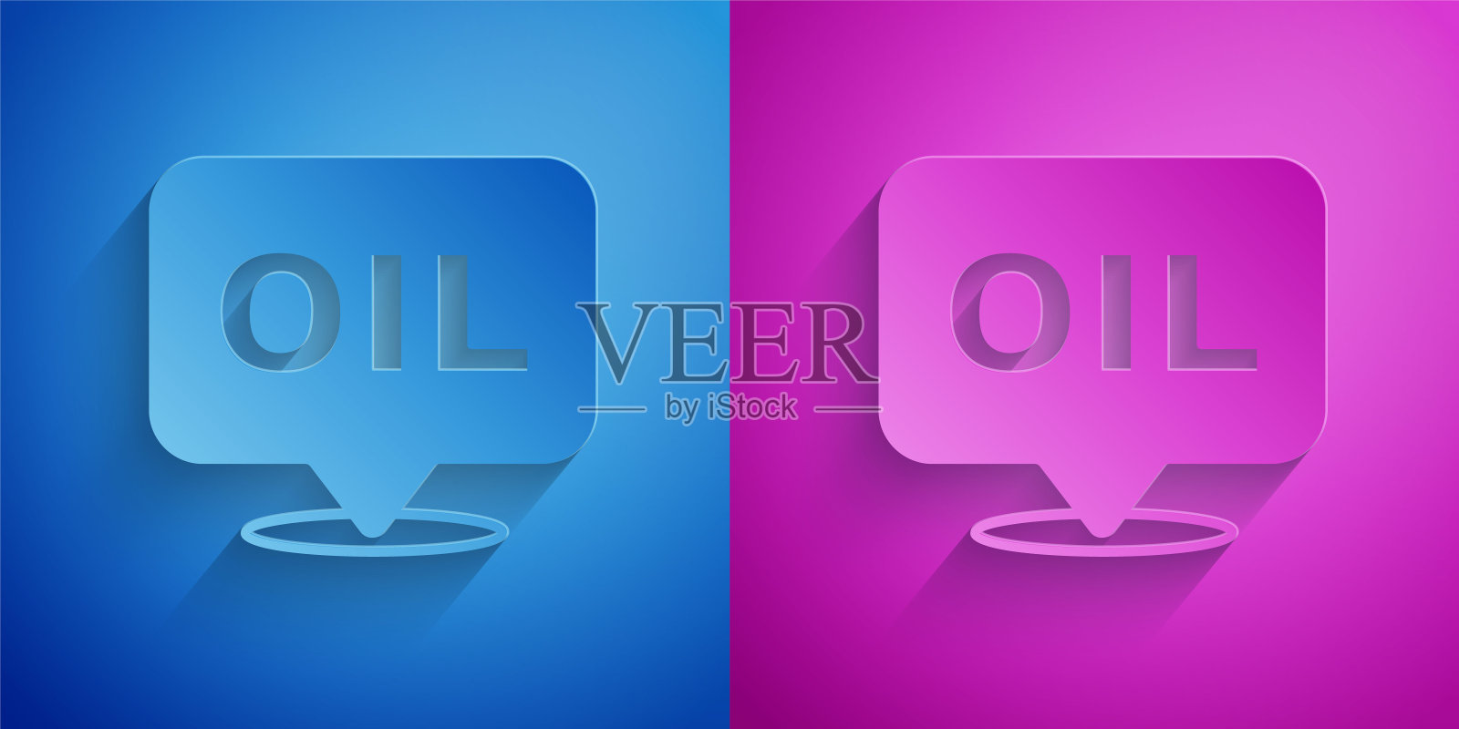 剪纸字油图标孤立在蓝色和紫色的背景。纸艺术风格。向量图标素材