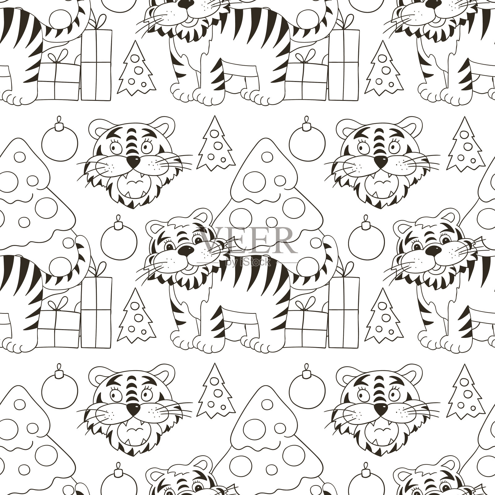 无缝矢量模式为2022年虎年。彩色图案的手画风格插画图片素材