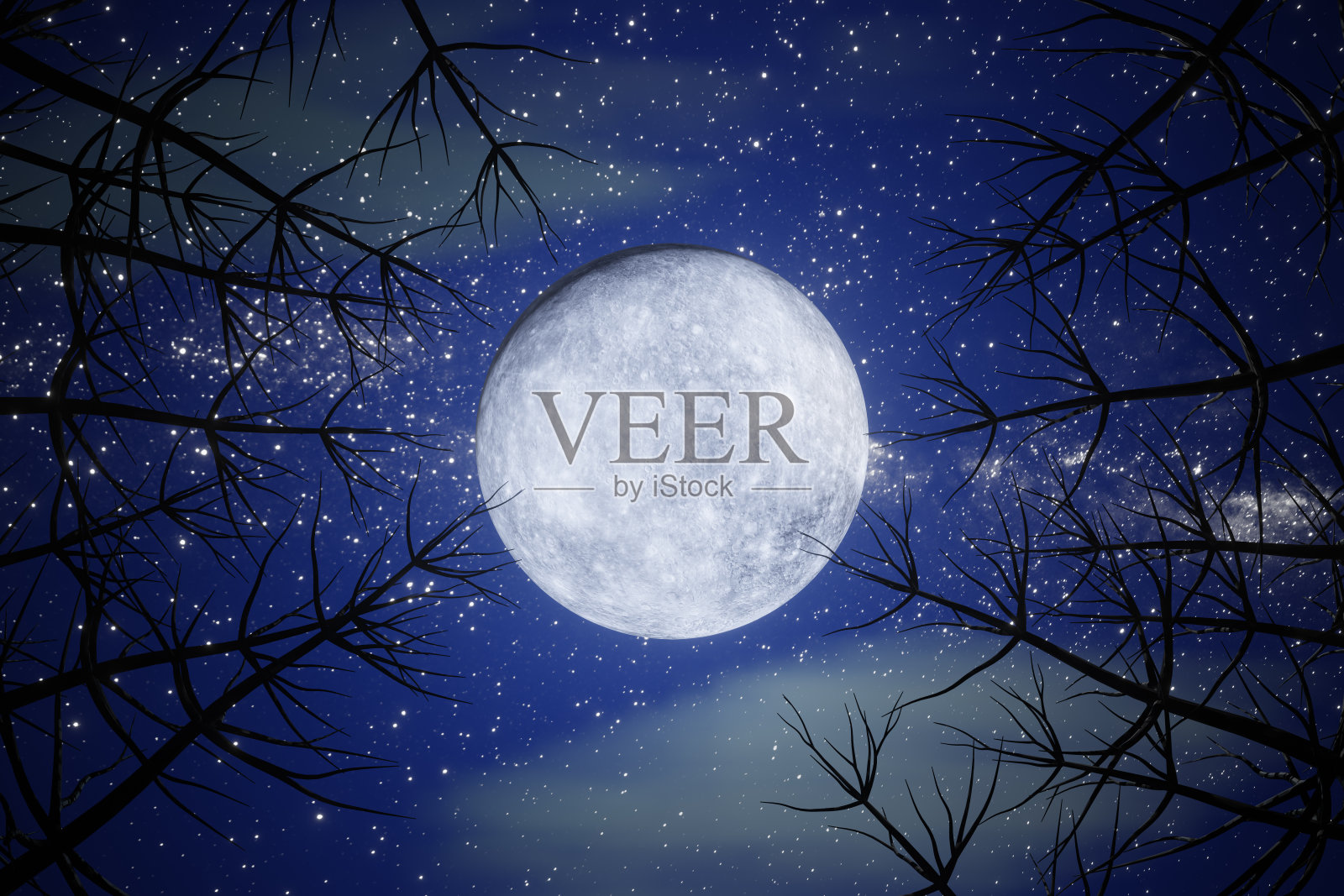 万圣节图形背景。大满月在蓝天上，山和树。3 d演示呈现照片摄影图片