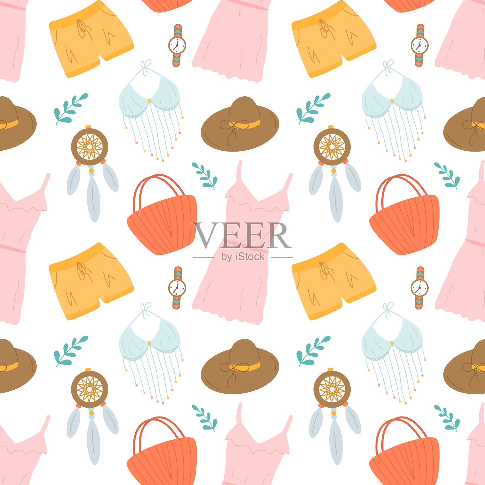 女装集波西米亚风格，矢量无缝图案插画图片素材