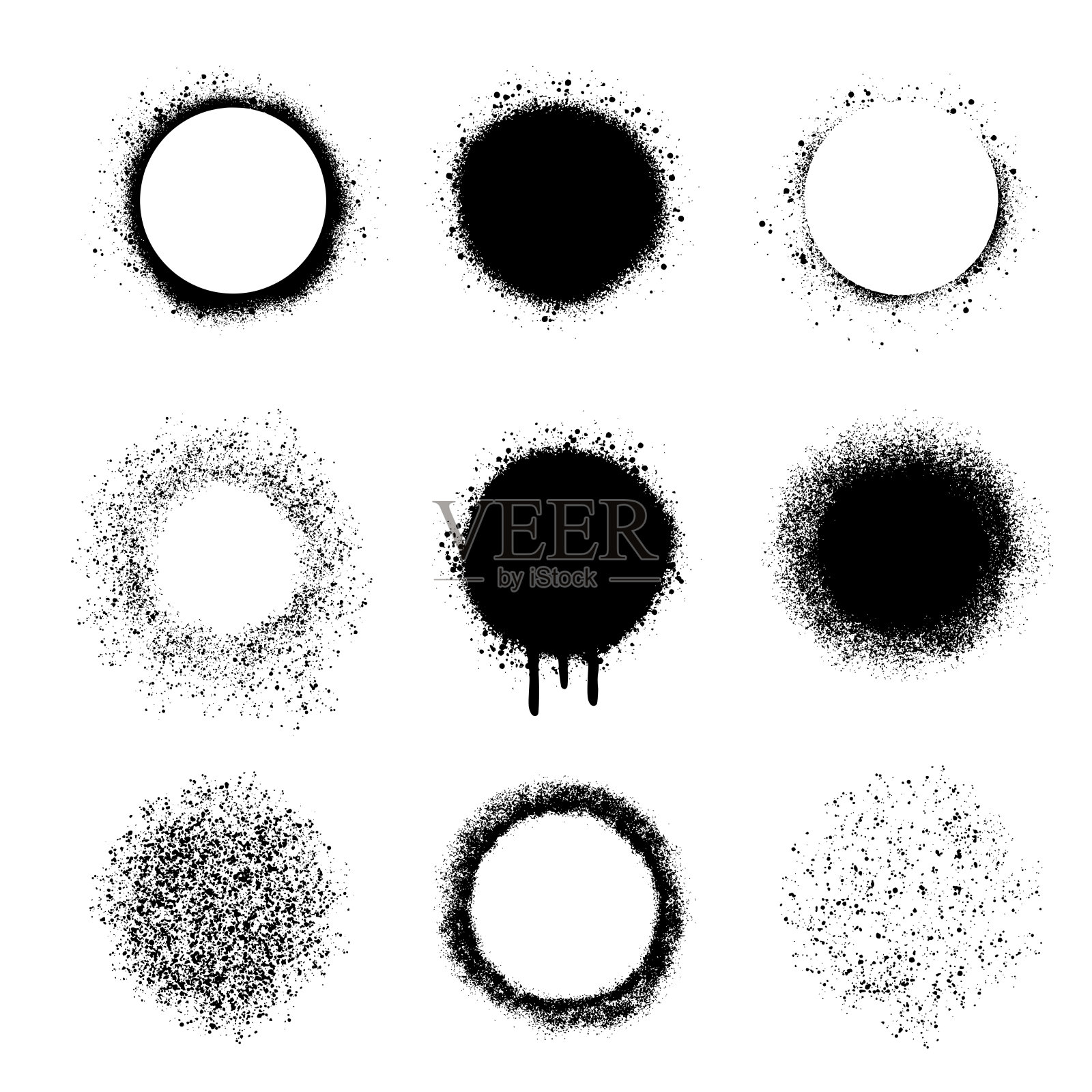 设置有喷雾效果的圆框。涂鸦墨水纹理。边缘的垃圾点。喷枪墨水点横幅。喷刷背景。向量孤立的插图。插画图片素材