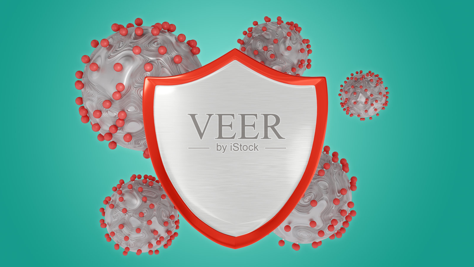 3d渲染图展示COVID-19医学概念的红色金属盾和病毒。孤立的剪切路径图像。照片摄影图片