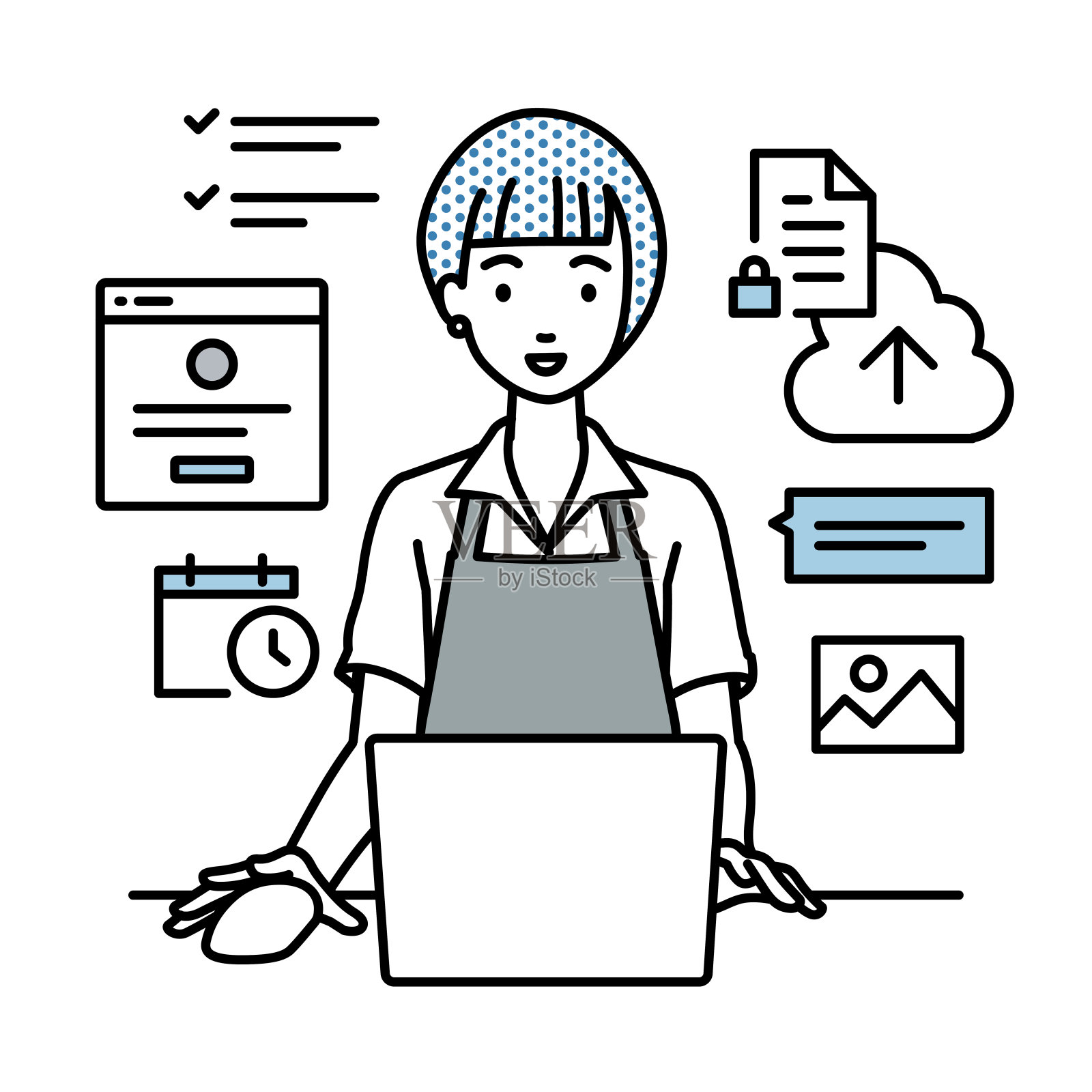 一位妇女坐在咖啡馆的围裙上，用笔记本电脑浏览网站、研究、在云中共享文件、安排日程、管理项目、组织任务，并在她的办公桌上与团队成员交流插画图片素材