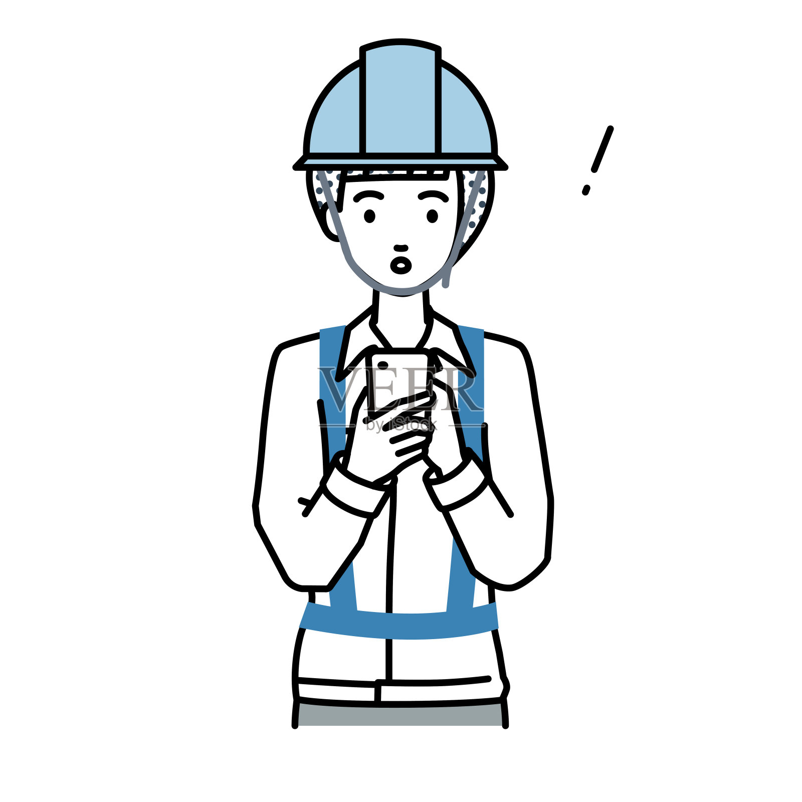 一名在建筑工地工作的妇女发现并注意到有东西站在那里，向里看，手里拿着智能手机插画图片素材