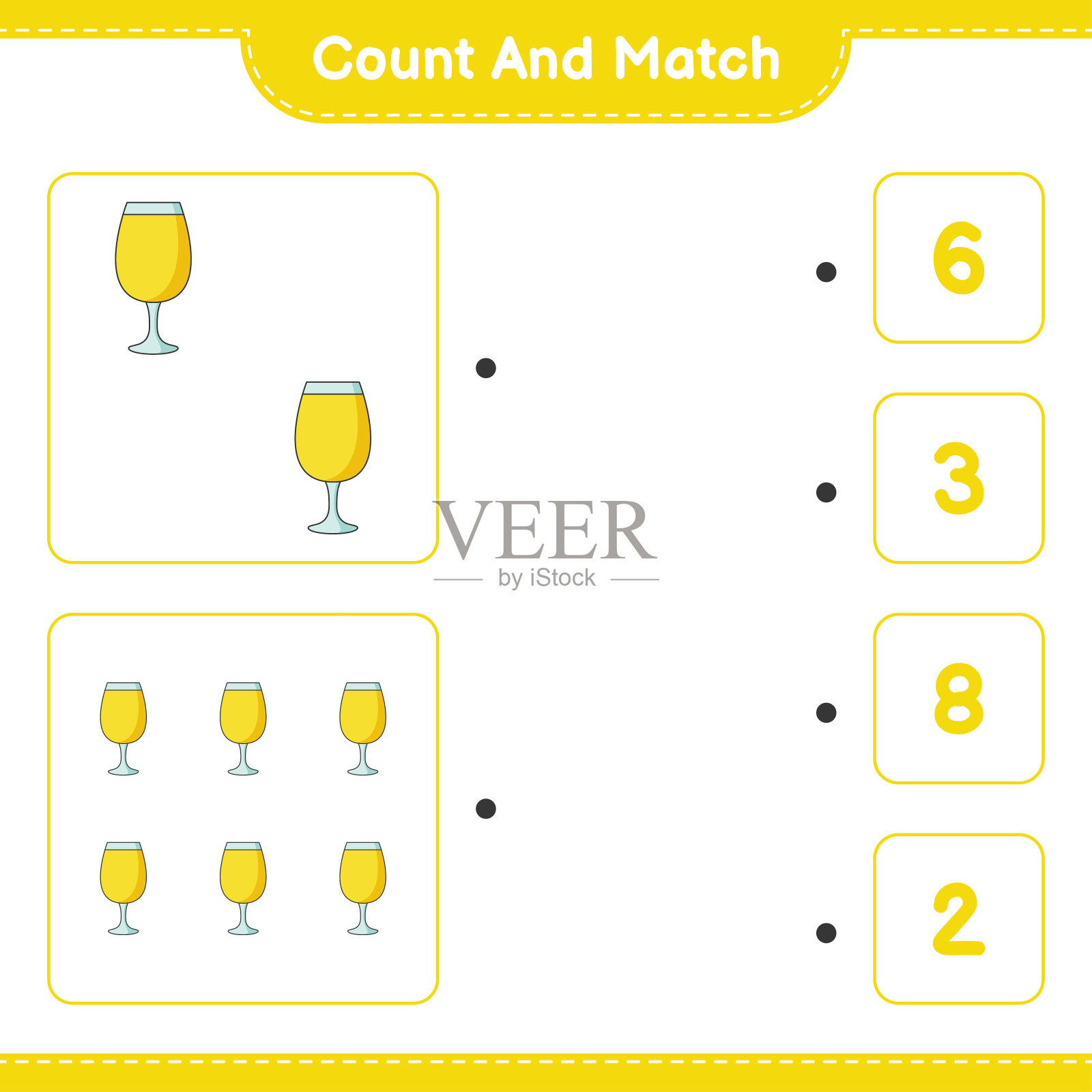 数并匹配，数鸡尾酒的数量并与正确的数字匹配。教育儿童游戏，可打印的工作表，矢量插图插画图片素材