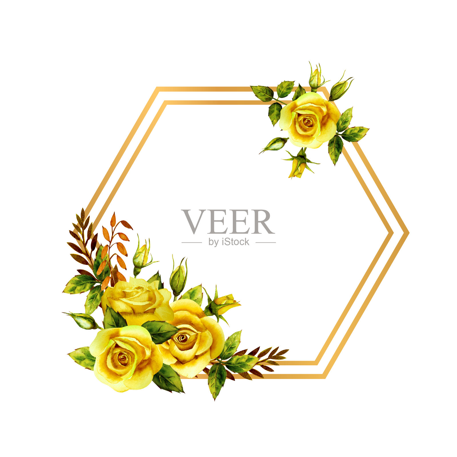 几何金色框架与一束水彩黄色玫瑰插画图片素材