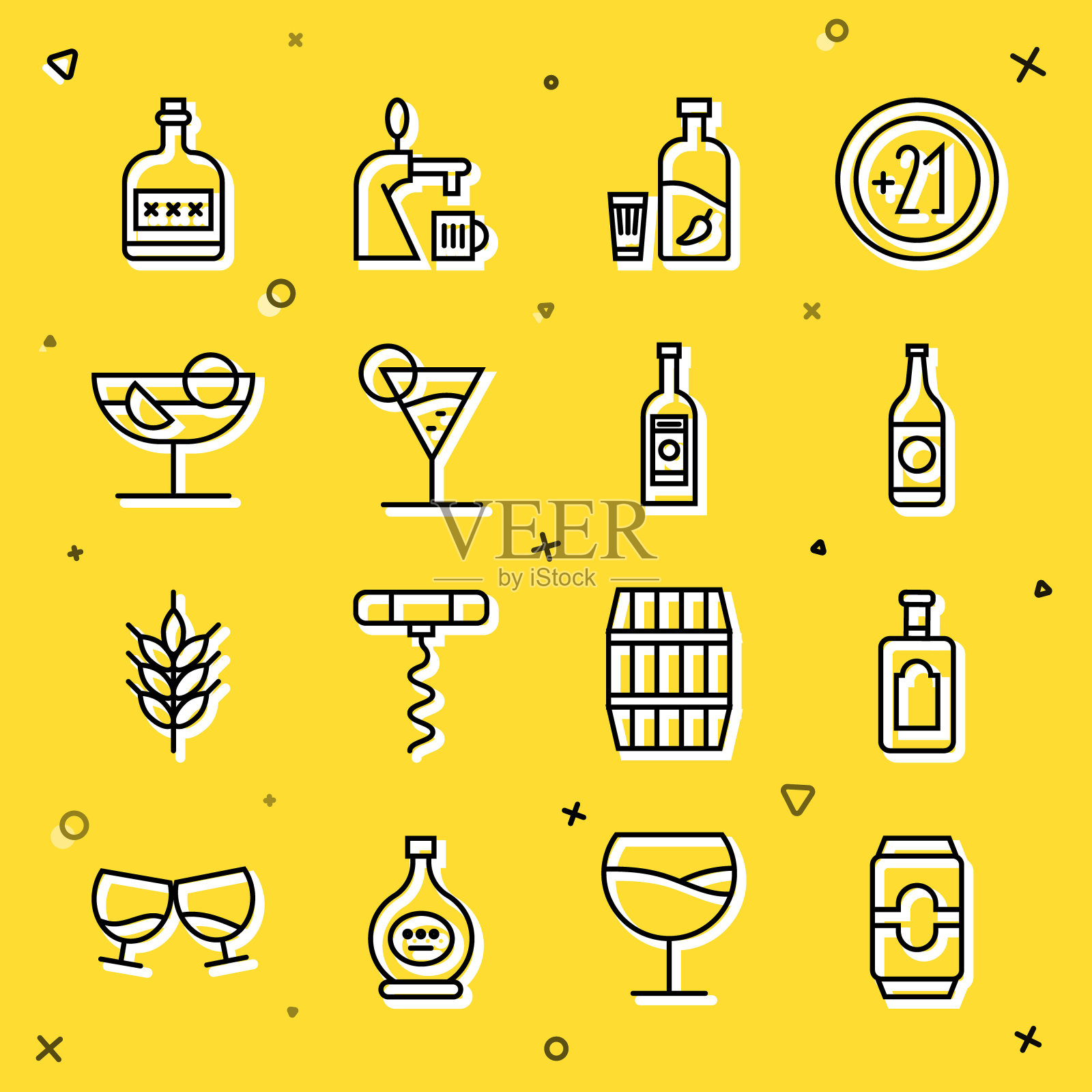 设置线啤酒罐，威士忌酒瓶，伏特加与胡椒和玻璃，马提尼，鸡尾酒，朗姆酒饮料和伏特加的玻璃图标。向量图标素材