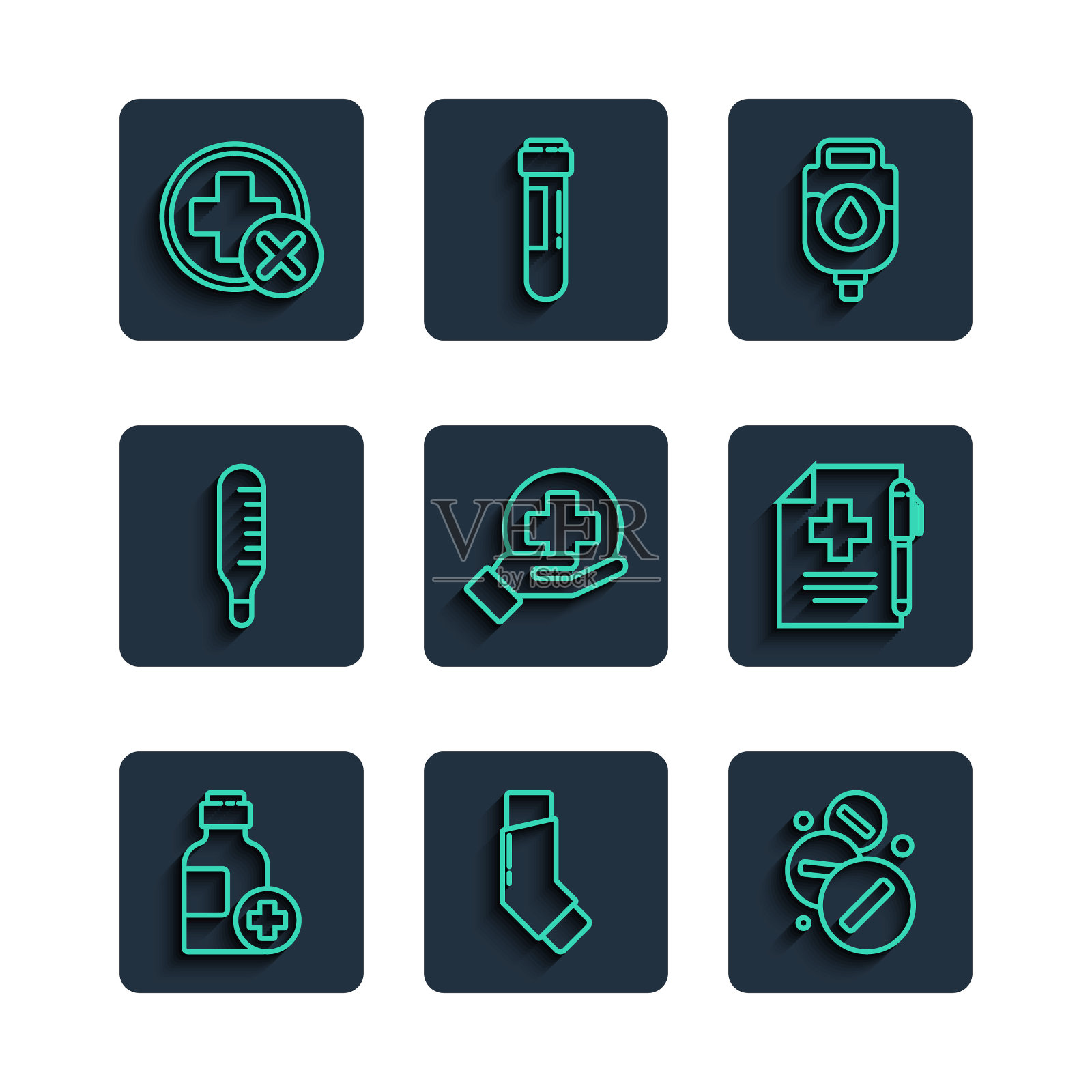 设置线药液瓶，吸入器，药丸或片剂，静脉注射袋，医院交叉医疗，医疗温度计，处方和笔图标。向量图标素材