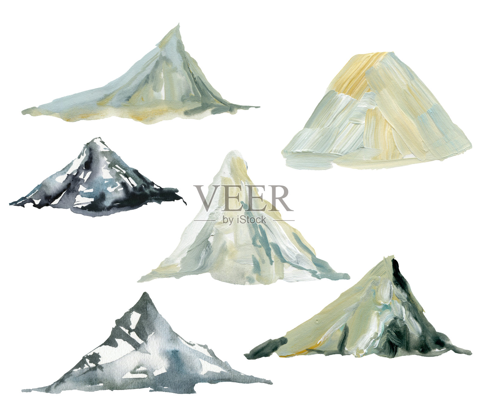 水彩和水粉山集。手绘抽象插图孤立的白色背景。极简主义的插图设计，印刷，织物或背景。插画图片素材