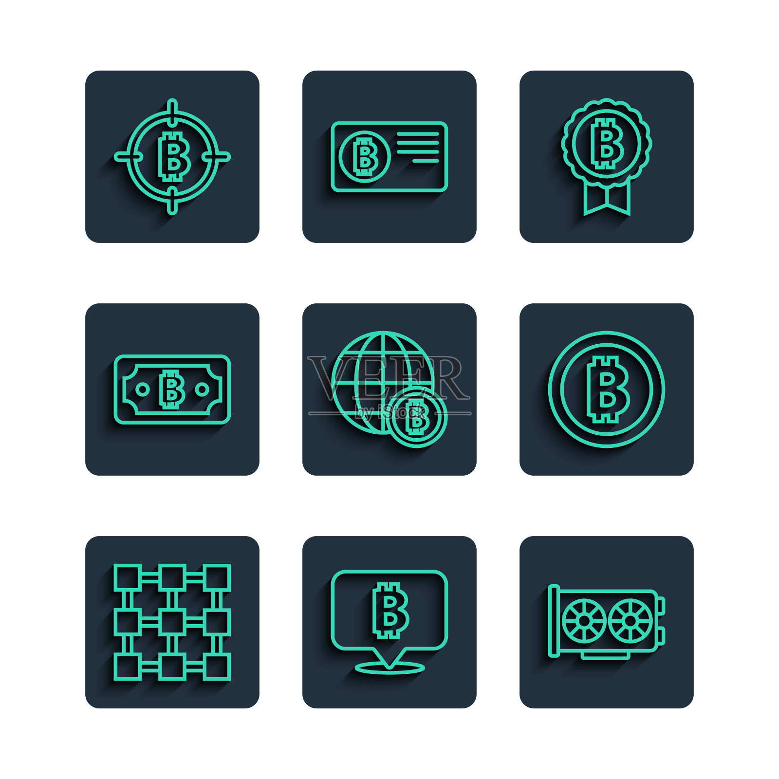 设置线区块链技术，比特币，视频显卡，地球仪，加密货币比特币，目标和图标。向量图标素材