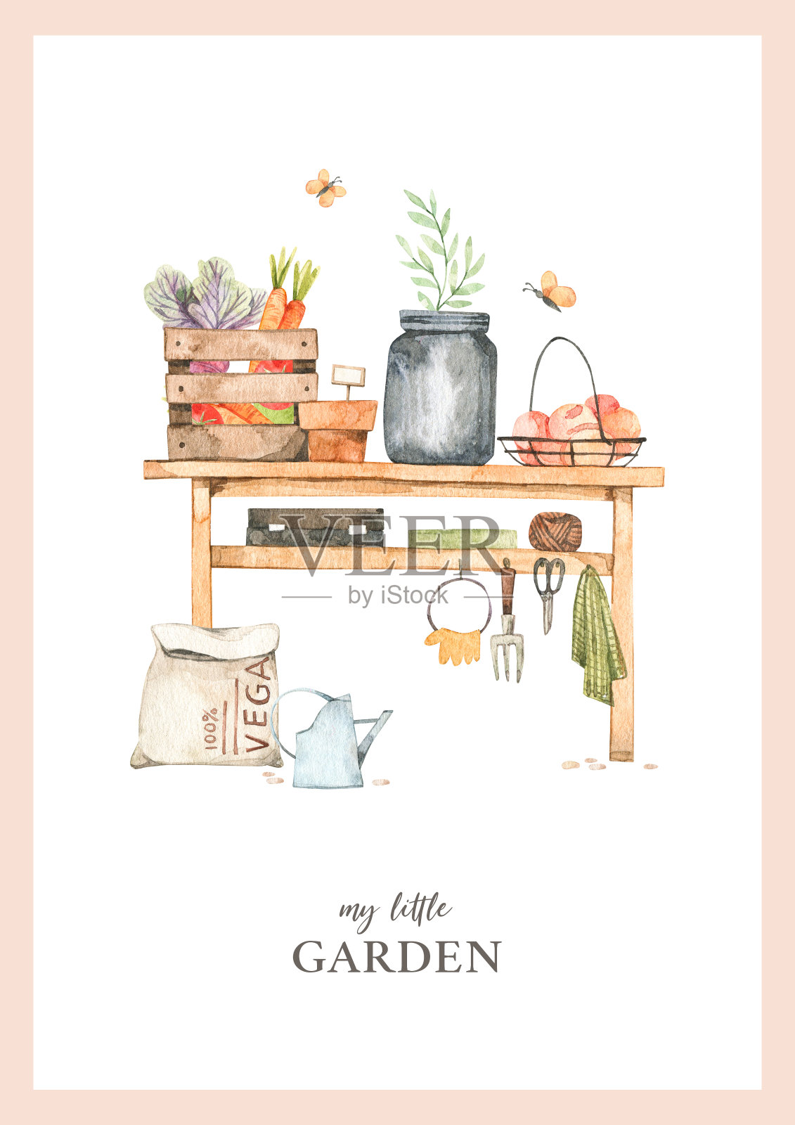 水彩幼稚海报与花园工具，蔬菜，植物和农场对象。花园收获插图。儿童房的装饰。完美的邀请，贺卡，包装，宝宝派对插画图片素材