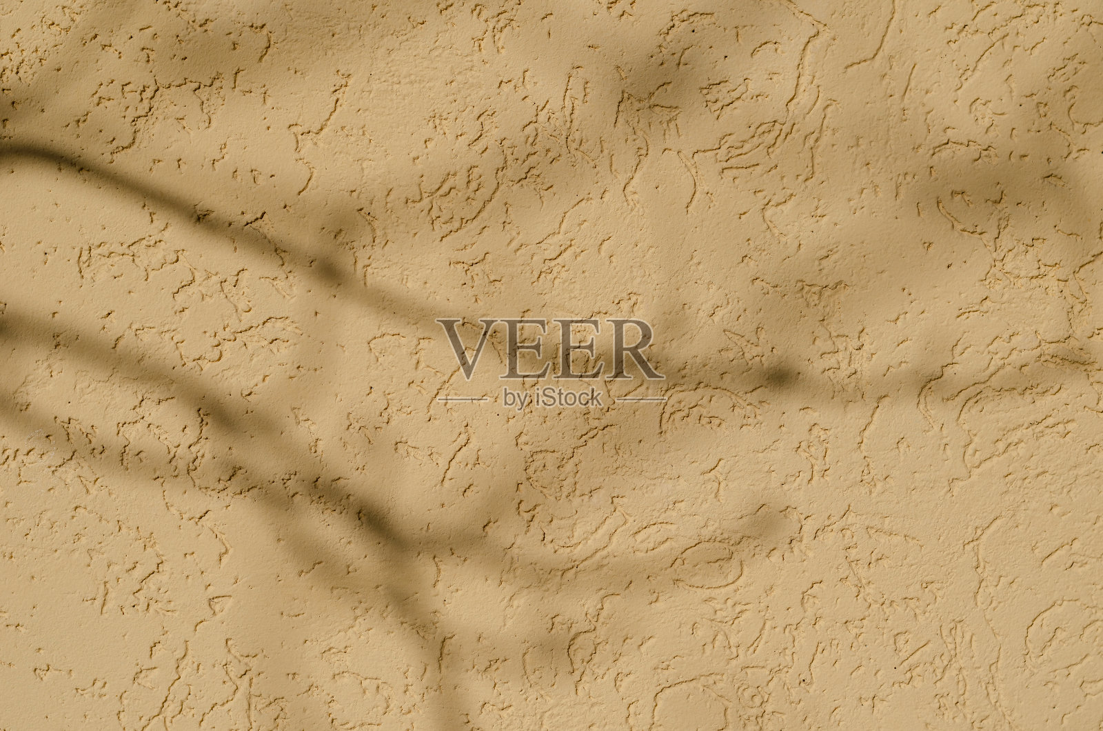 树枝的影子在一堵不平的黄色后墙上。照片摄影图片