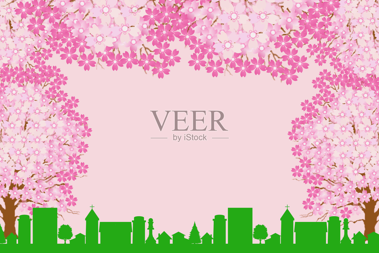 城市景观和樱花框架插画图片素材