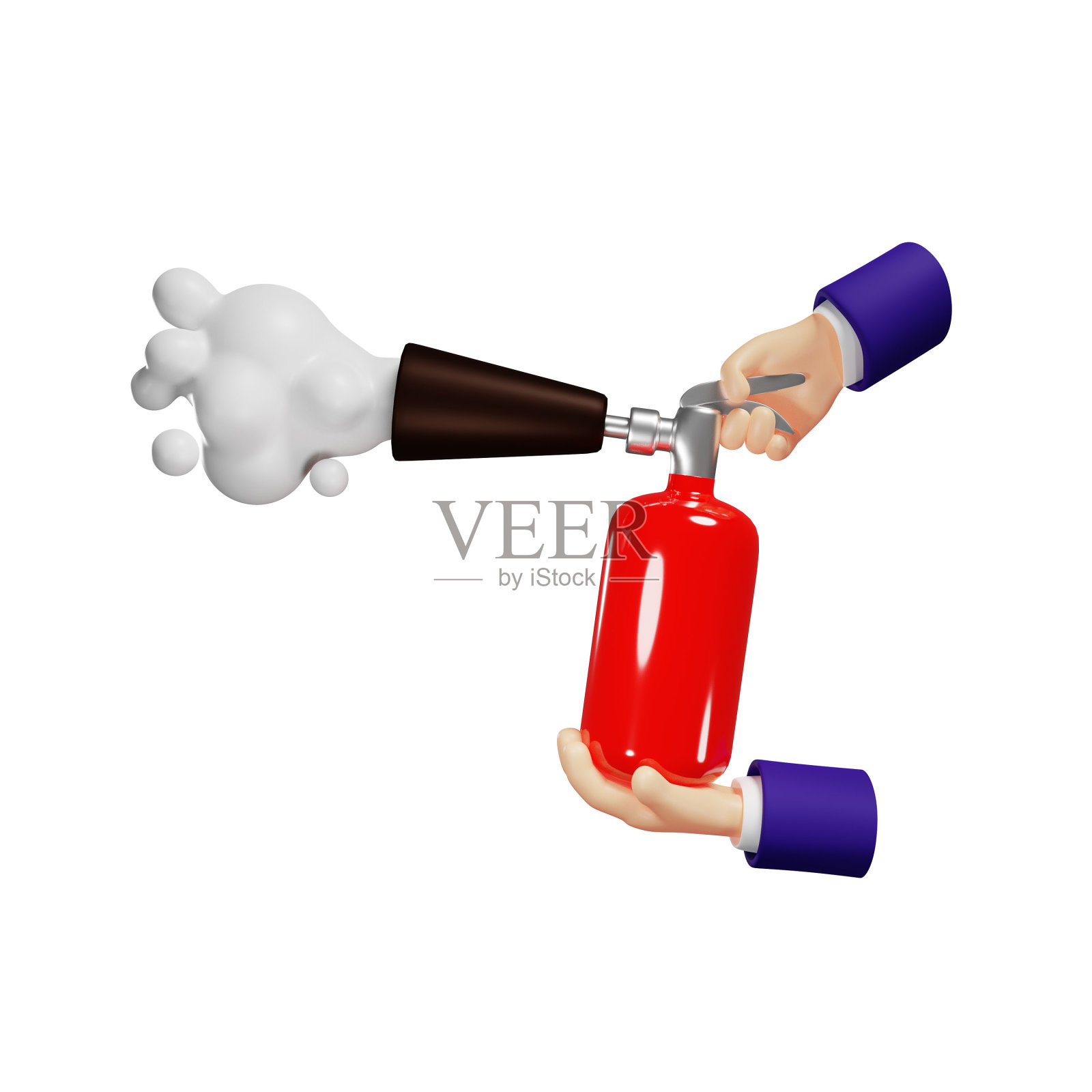 3D红色灭火器在手，灭火泡沫从喷嘴，保护从火焰，孤立的插图在一个白色的背景，3D渲染照片摄影图片