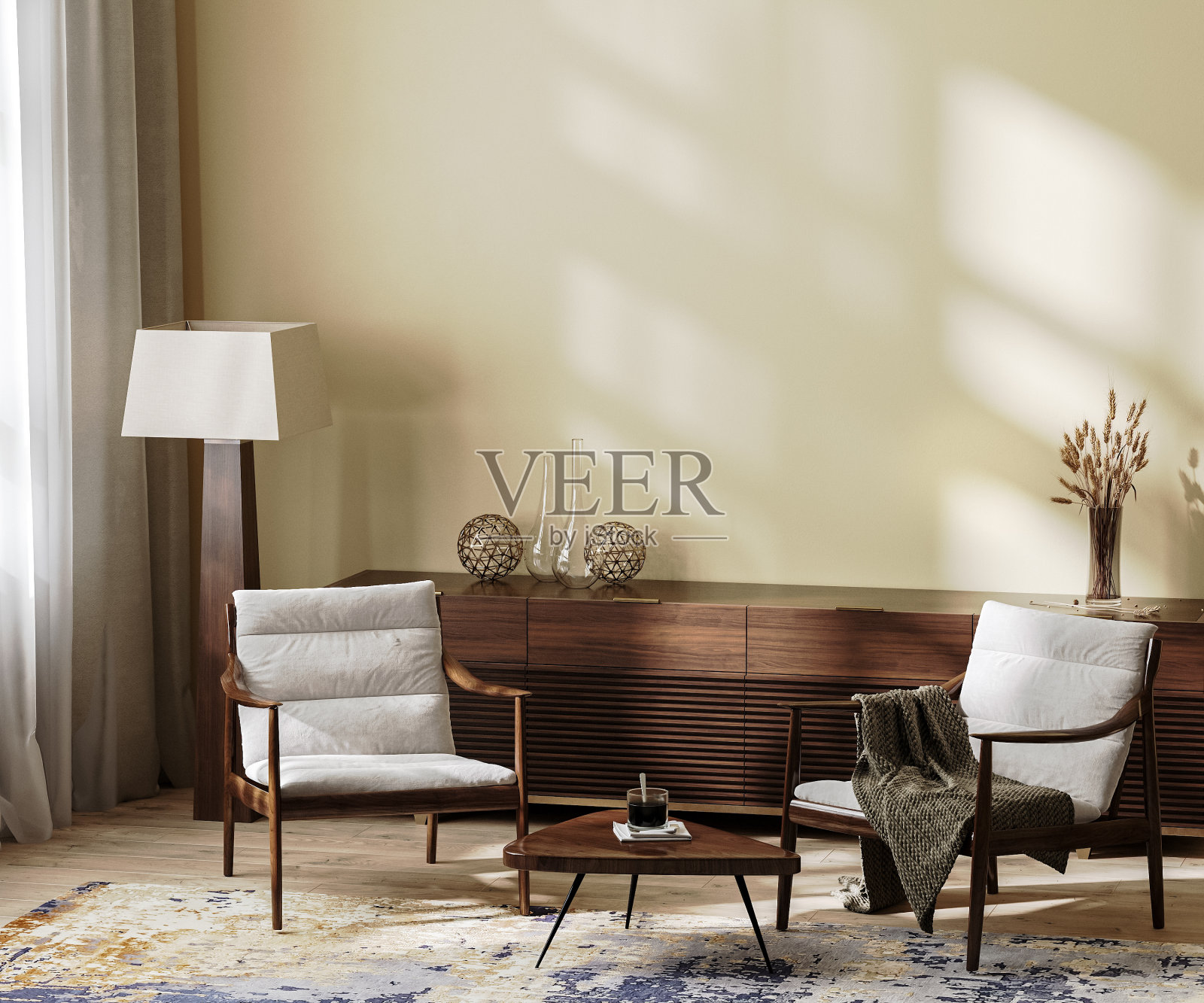 客厅室内在米色和棕色的颜色和光阴影在墙上，空墙模拟，家庭室内，3d渲染照片摄影图片