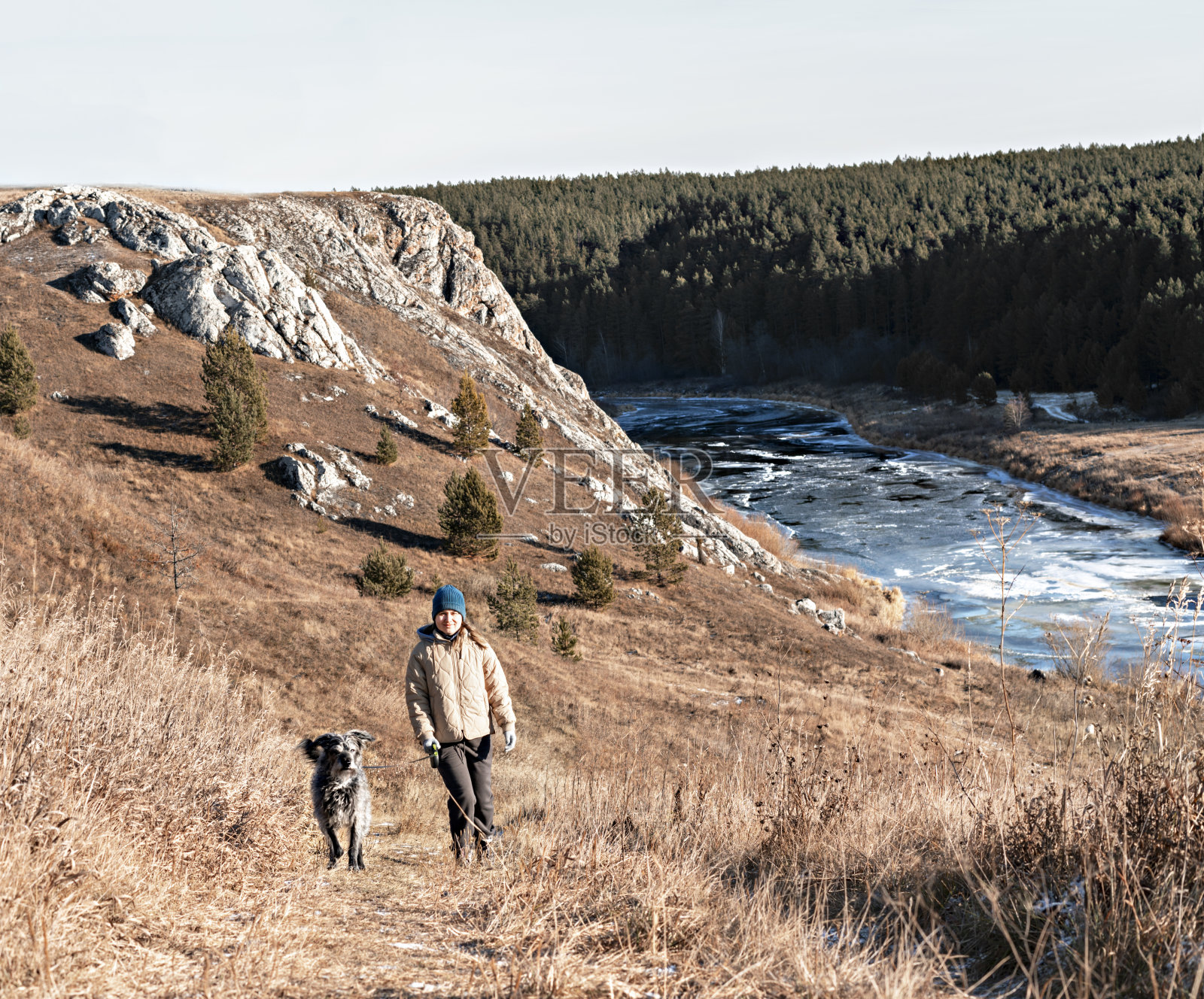 年轻女子穿着中性色彩的衣服走在河边，带着灰色毛茸茸的混血狗在秋天的干草上，爱宠物的友谊和关心照片摄影图片
