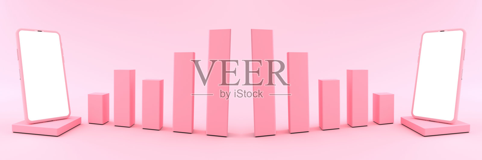 3D效果图粉色智能手机白色屏幕对面的粉色条形图排序高低。智能手机白屏幕可用于商业广告，隔离在粉色背景上。照片摄影图片