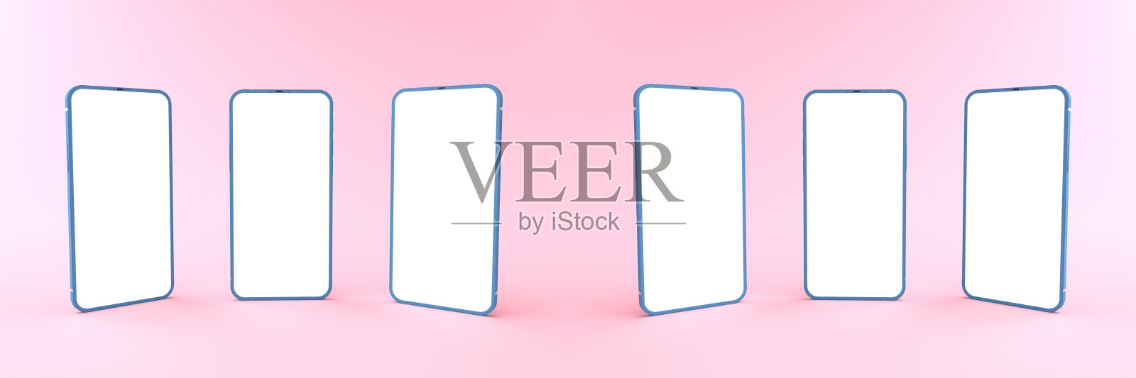 3D渲染模型蓝色智能手机白色屏幕在粉红色地板上，蓝色手机倾斜并躺在地上。智能手机白色屏幕可用于广告，隔离在粉色背景上。照片摄影图片