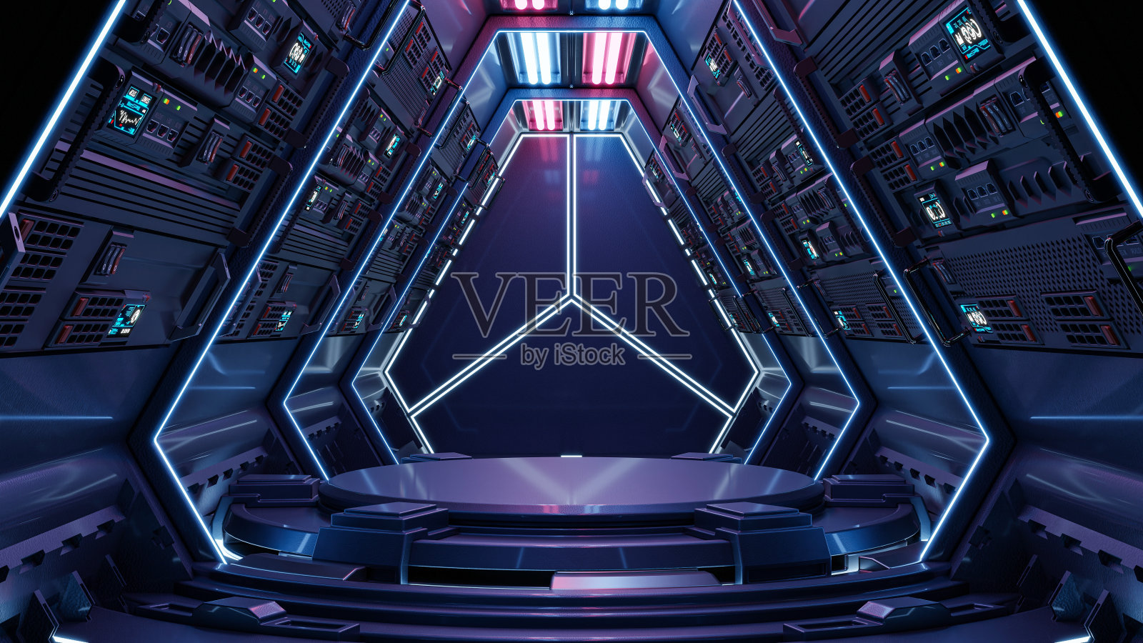 未来科幻的空讲台在房间与产品演示。照片摄影图片