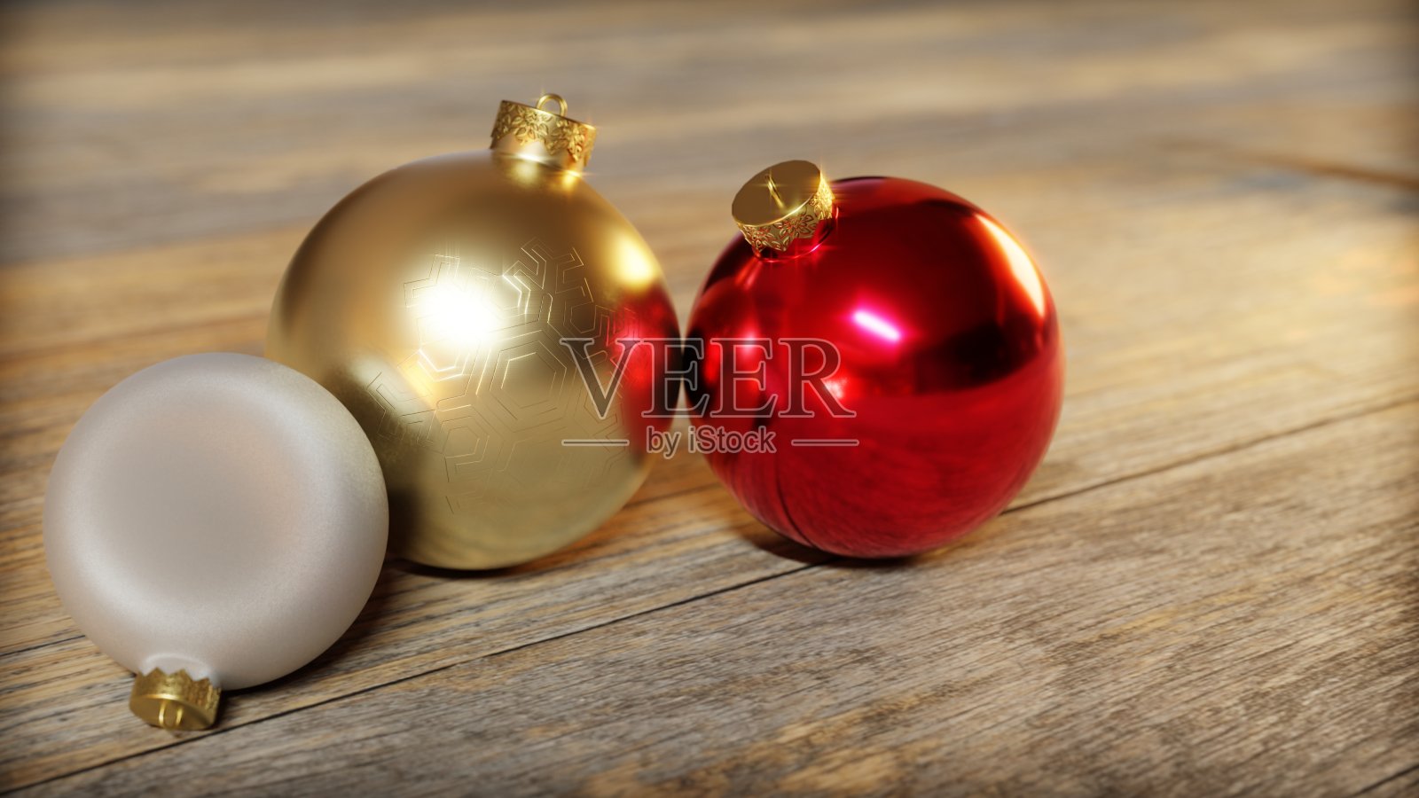 木制地板上红色、金色和银色的圣诞装饰品。温暖的色调装饰。三维渲染照片摄影图片