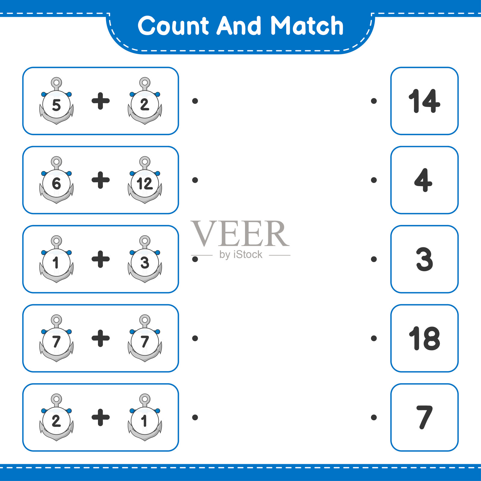 计算并匹配，计算锚的数量并匹配正确的数字。教育儿童游戏，可打印的工作表，矢量插图插画图片素材