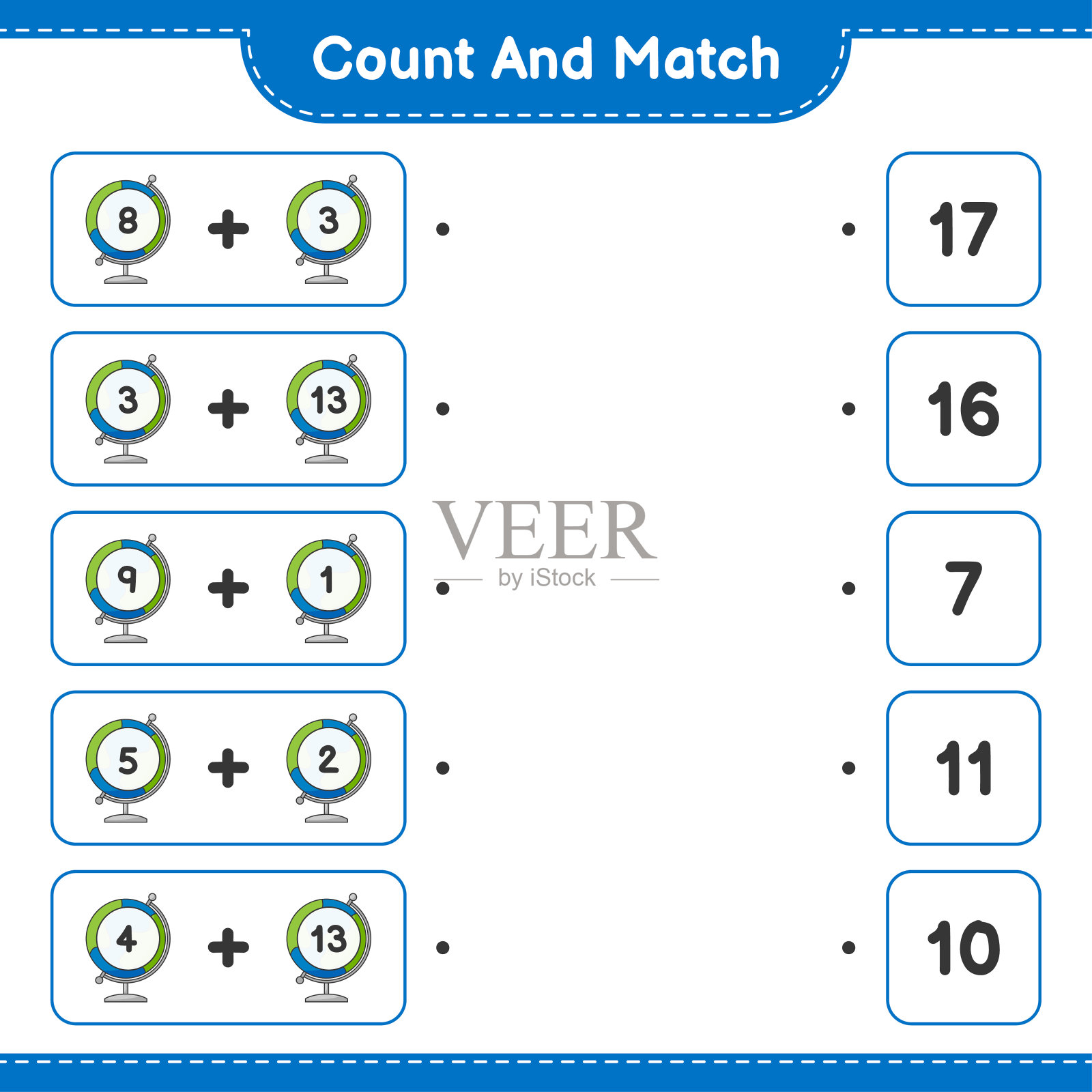 计算并匹配，计算地球仪的数量并匹配正确的数字。教育儿童游戏，可打印的工作表，矢量插图插画图片素材