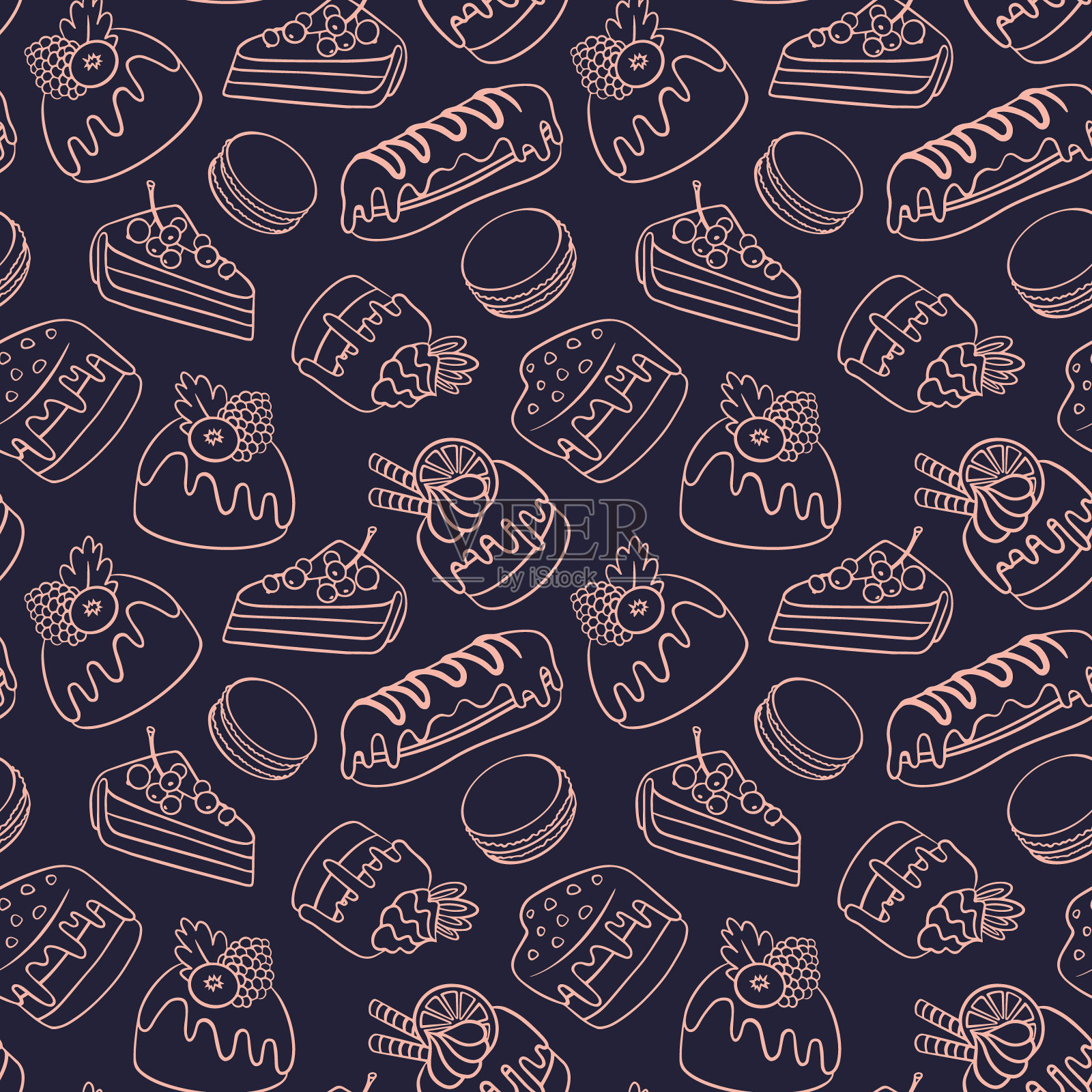 无缝的图案与蛋糕和马卡龙。插画图片素材