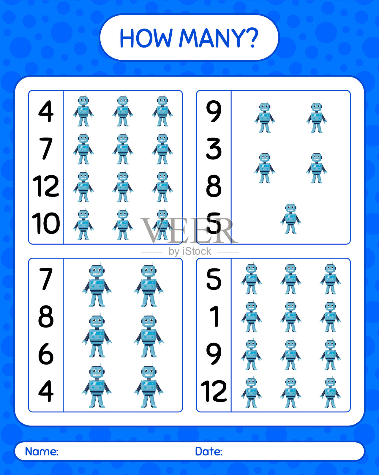 用机器人玩具多少个计数游戏。学龄前儿童习题表，儿童活动表插画图片素材