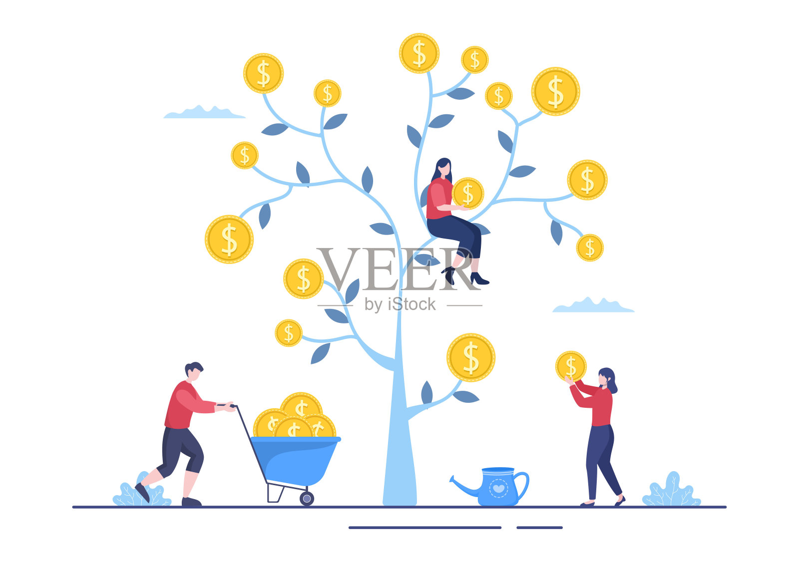 钱树的金融业务投资利润平面设计矢量插图与美元钞票和金币为海报或背景插画图片素材