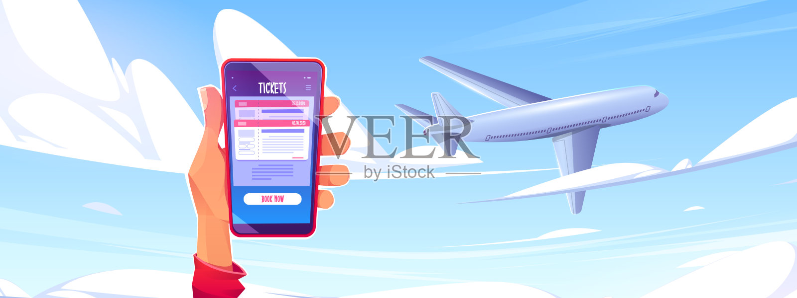 网上买机票概念，飞机在空中插画图片素材