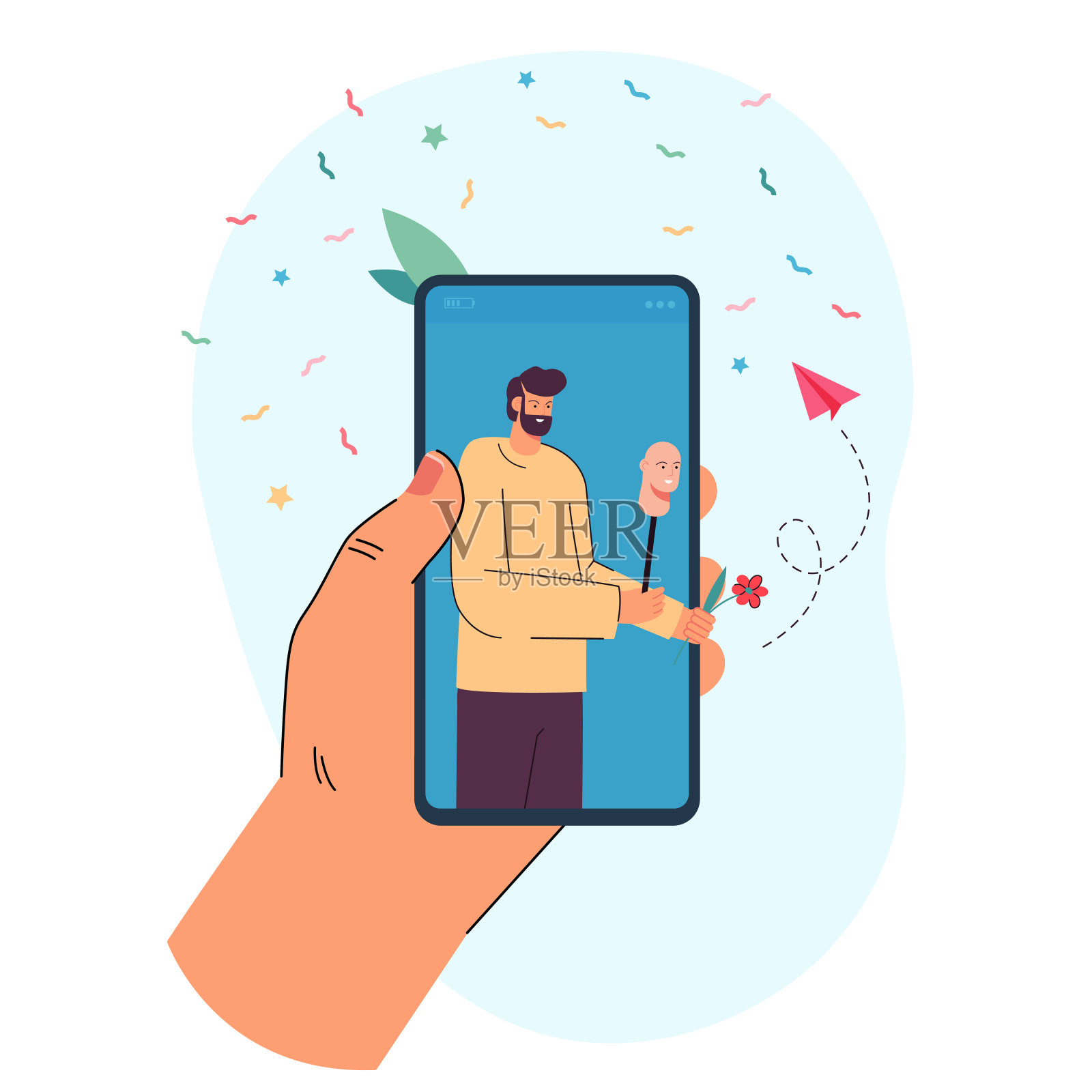 网上约会，陌生人拿着假脸和假花插画图片素材