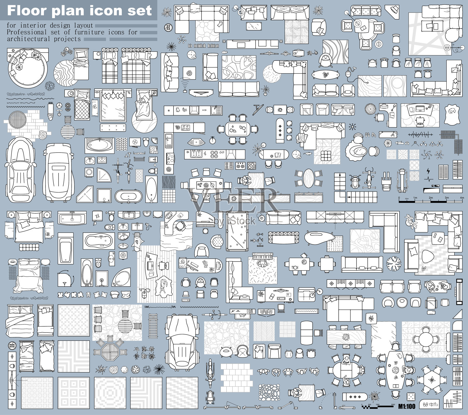 为设计、室内和建筑项目设置的平面图图标(从上面看)。家具细线图标在俯视图布局。蓝图的公寓。向量插画图片素材