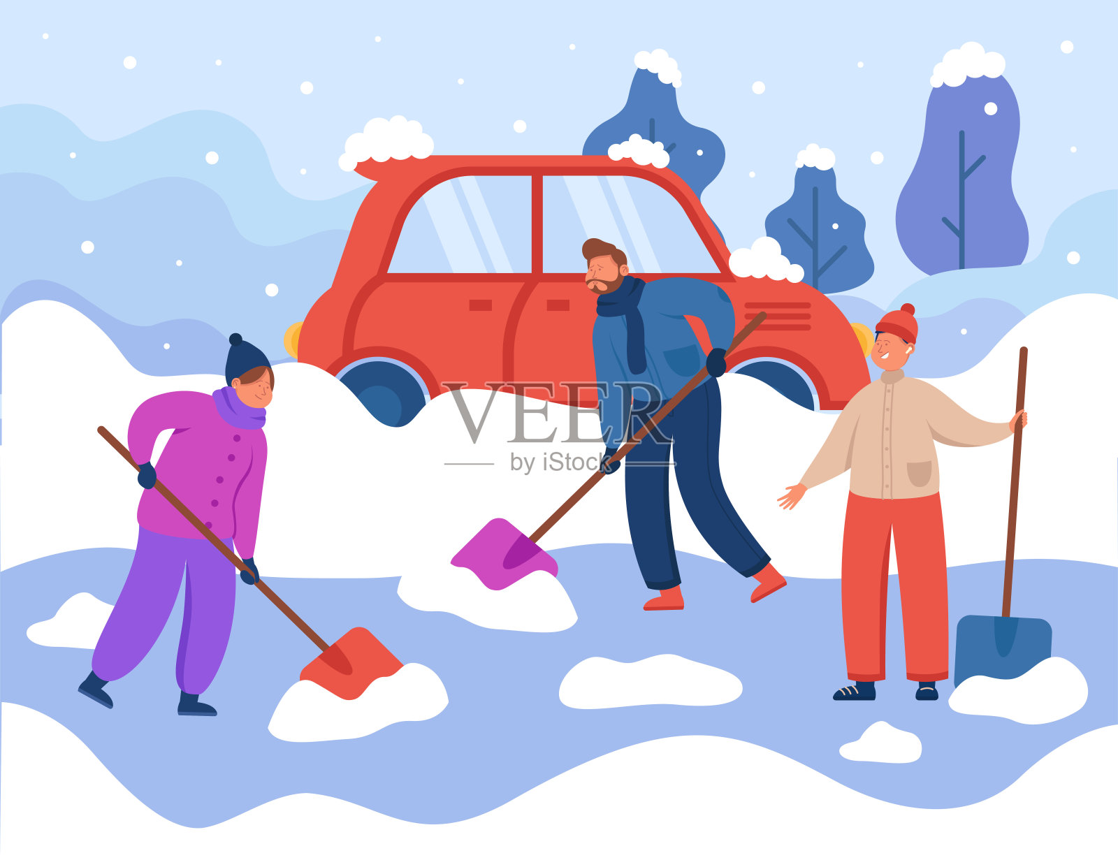 人们在清扫积雪覆盖的道路插画图片素材