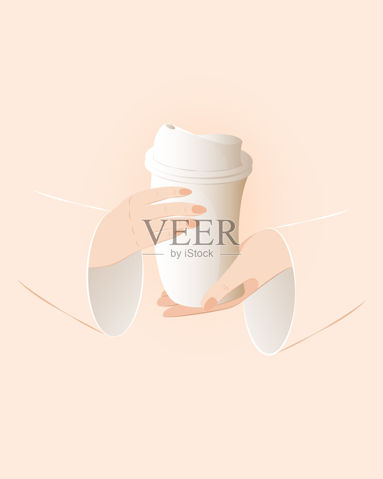 女人的手拿着一杯浅米色背景的咖啡。插画图片素材