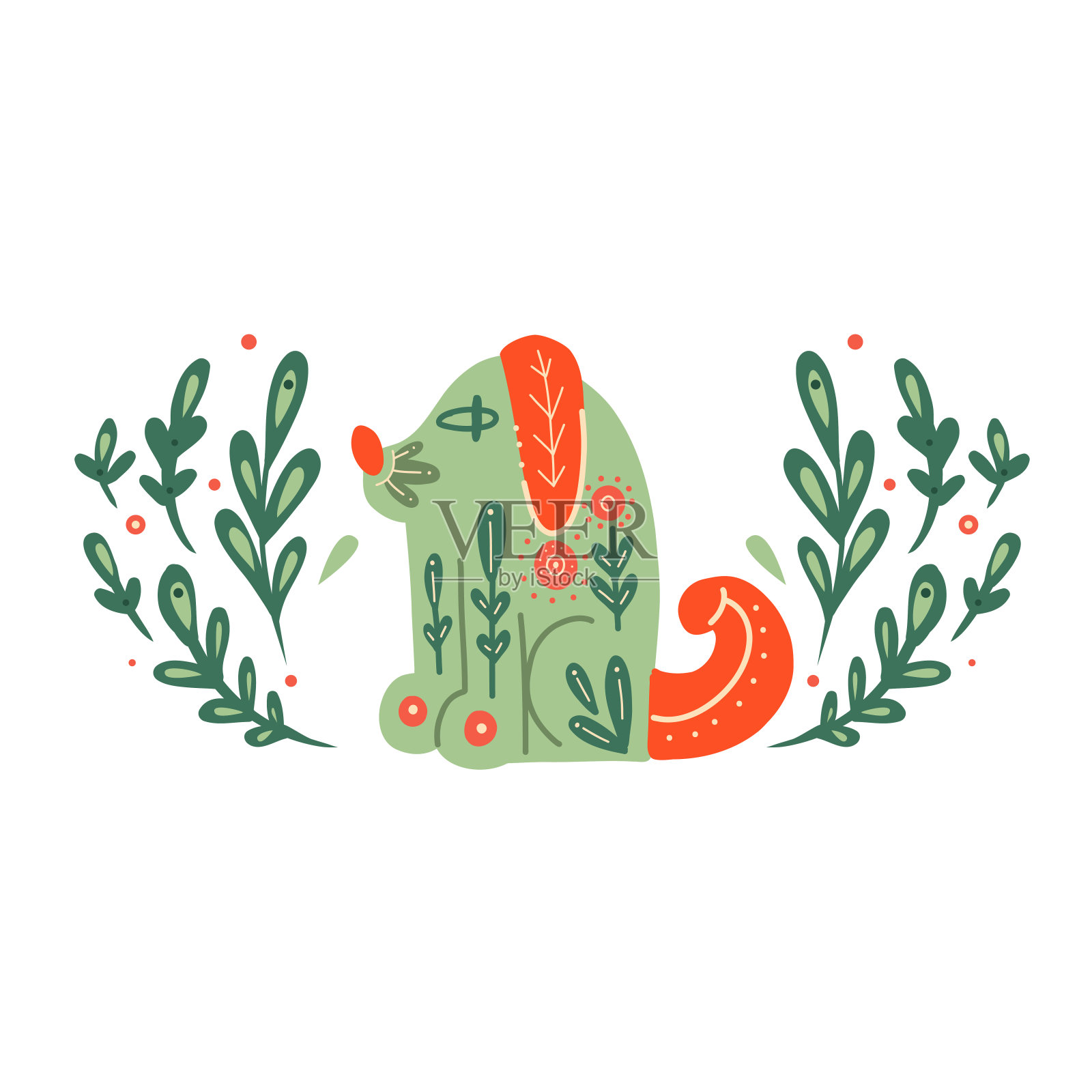 风格化的狗与民间图案和自然装饰。猎犬和树叶。矢量插图小狗与部落波西米亚图案。插画图片素材