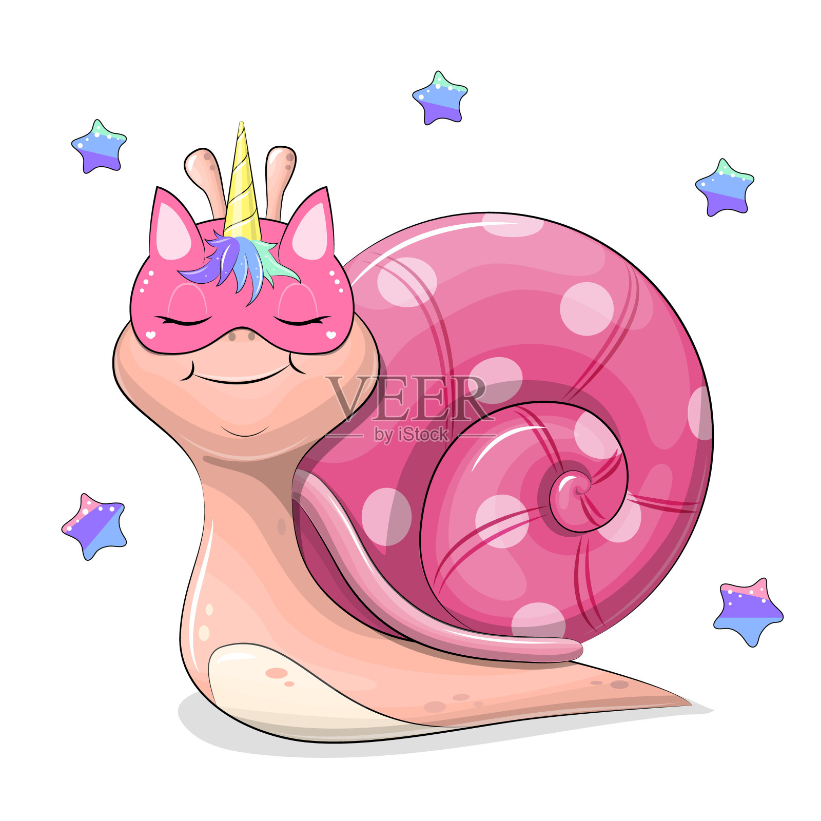 可爱的卡通蜗牛与粉红色的独角兽面具。插画图片素材