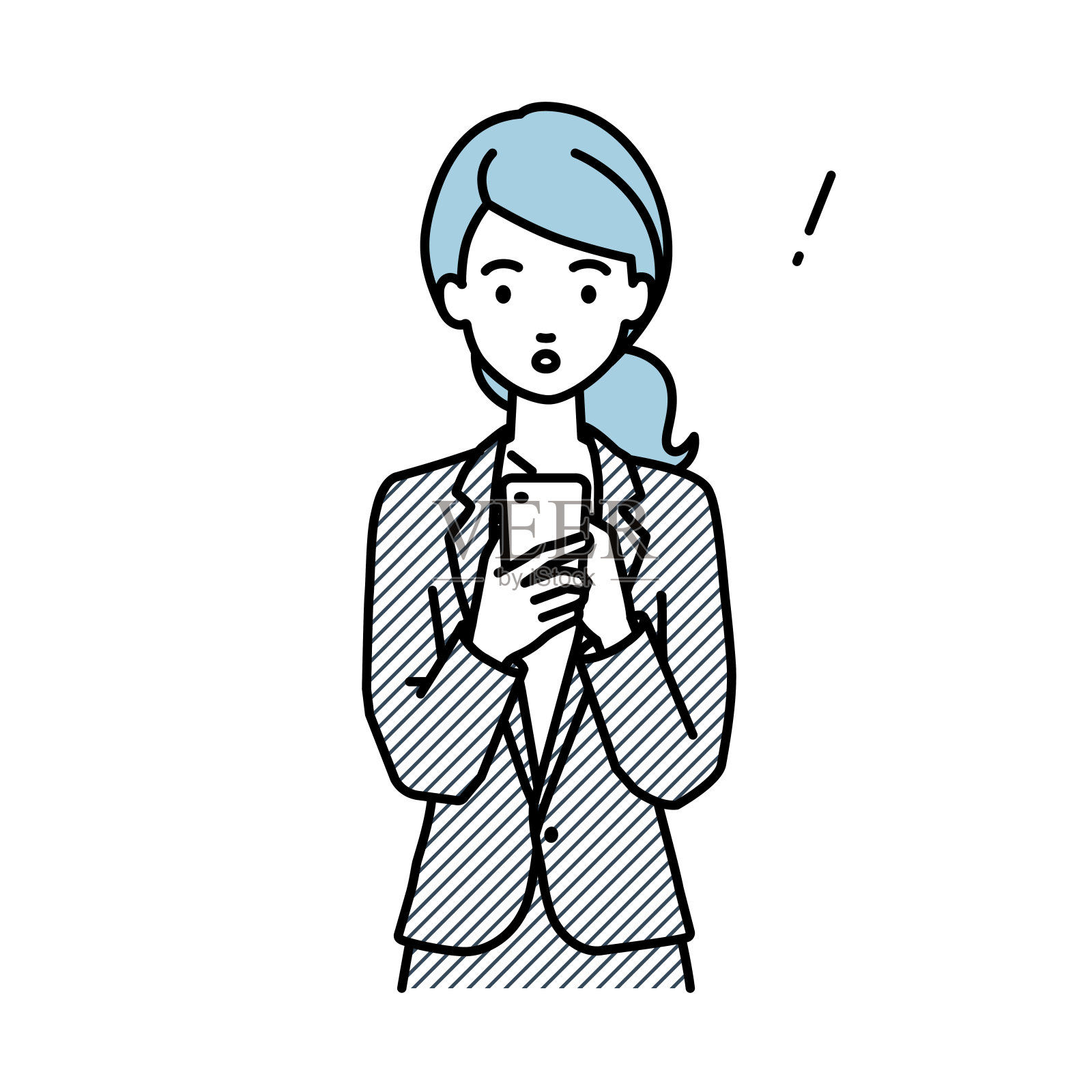 一位穿着商务套装的女士发现并注意到有什么东西站在那里，向里看，手里拿着智能手机插画图片素材