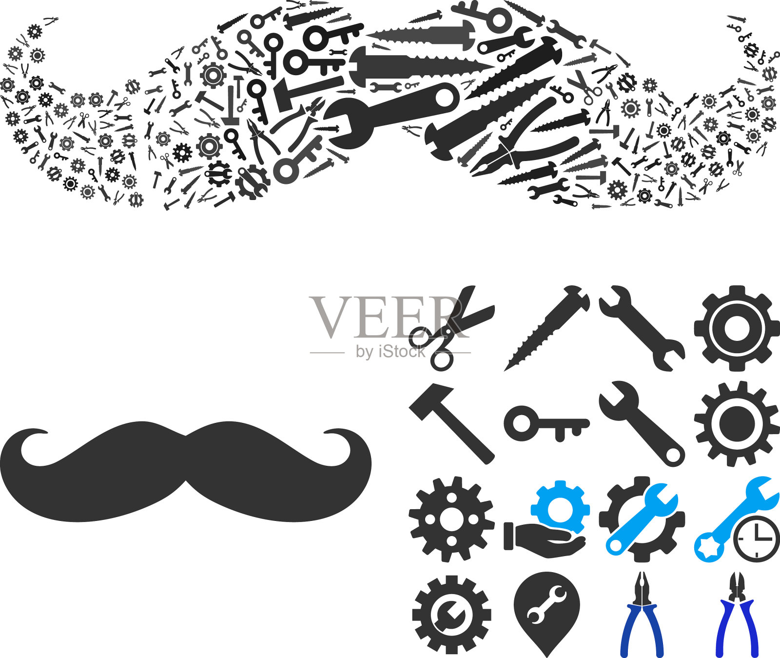 拼贴绅士胡子的工业工具插画图片素材