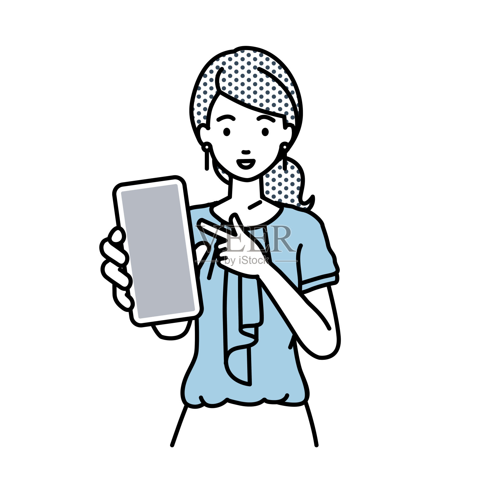 一位工作风格随意的女士微笑着推荐、求婚、展示并指着智能手机模型屏幕插画图片素材