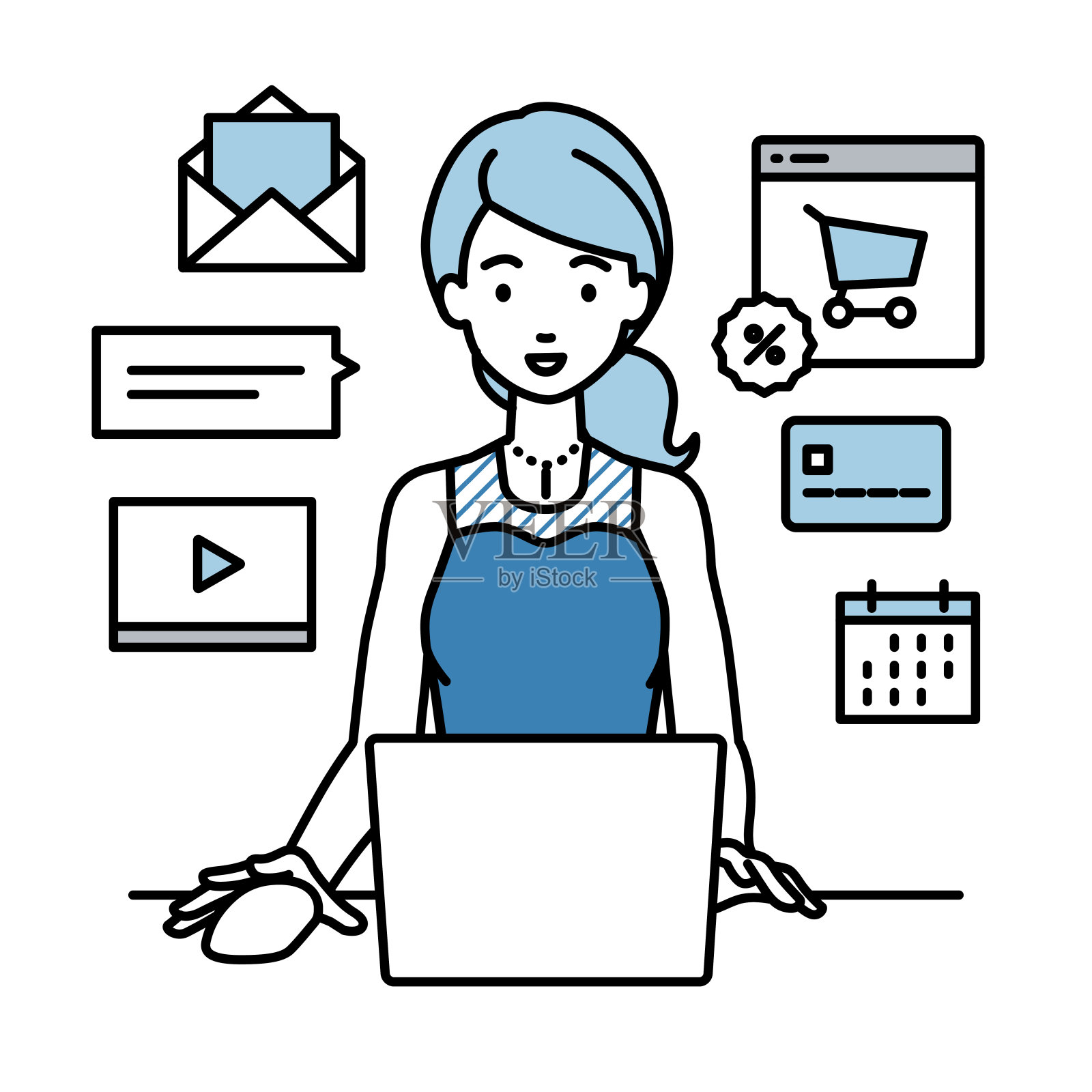 一个穿着衣服的女人用笔记本电脑浏览网站、进行数字营销、支付、管理网店、为顾客提供服务插画图片素材