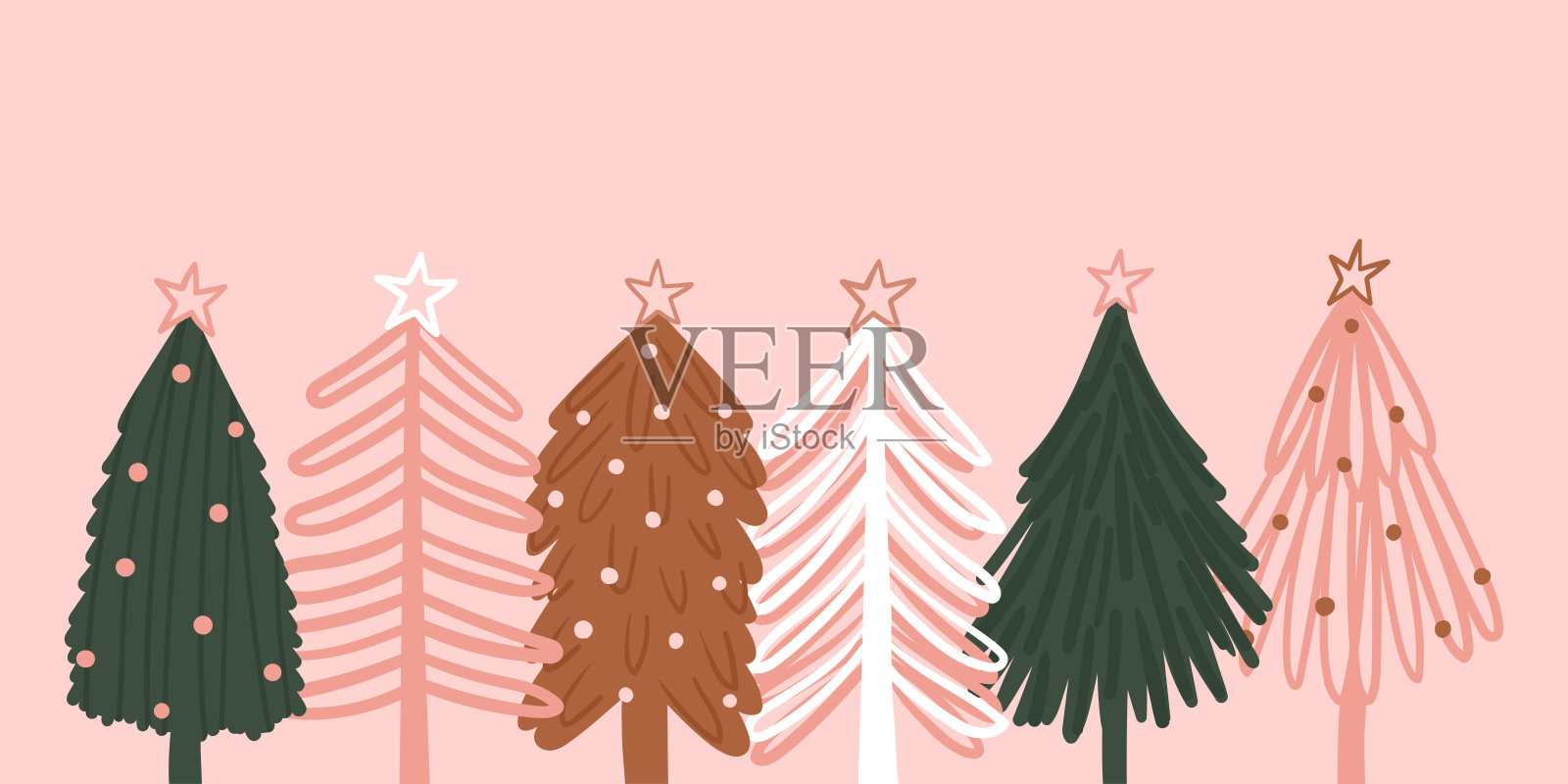 现代波西米亚圣诞树收集孤立在粉红色的背景。杂乱不规则的树。手绘的涂鸦风格矢量插图，卡片，礼物，横幅等。插画图片素材