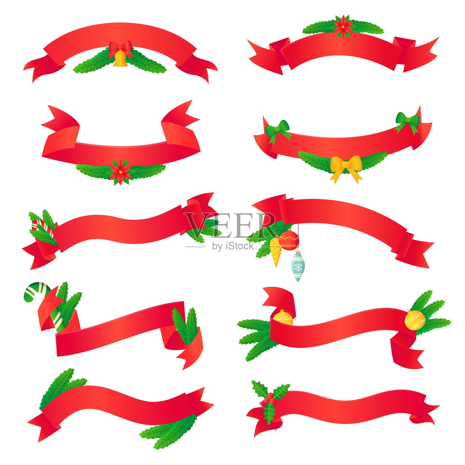 套红色圣诞丝带与新年松树枝装饰在现实的卡通风格。插画图片素材