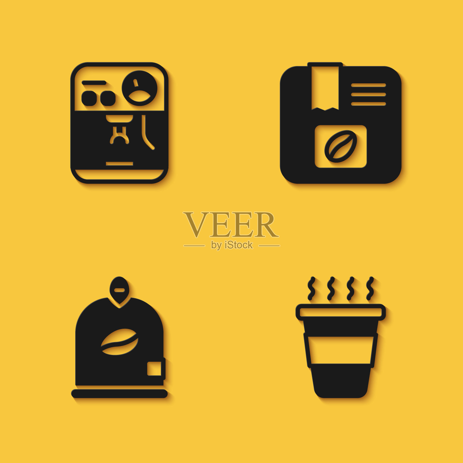 设置咖啡机，杯子走，袋咖啡豆和图标与长影子。向量图标素材