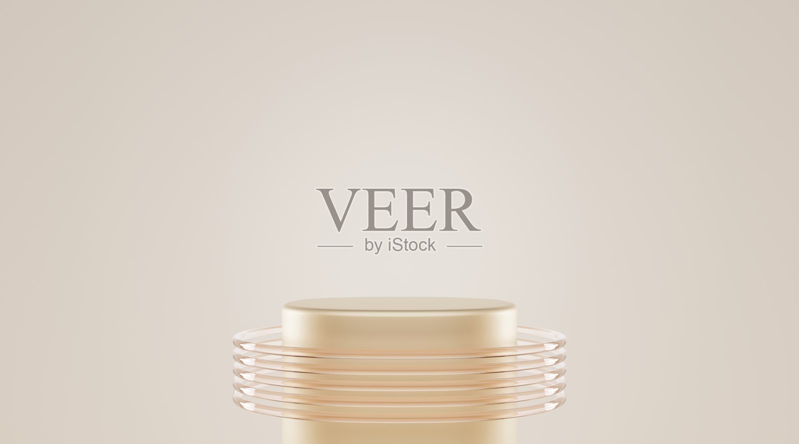 优雅的圆形讲台或底座与清楚的玻璃环边界隔离在米色背景，3d渲染。彩色的空白圆柱形舞台为颁奖典礼、产品展示平台照片摄影图片